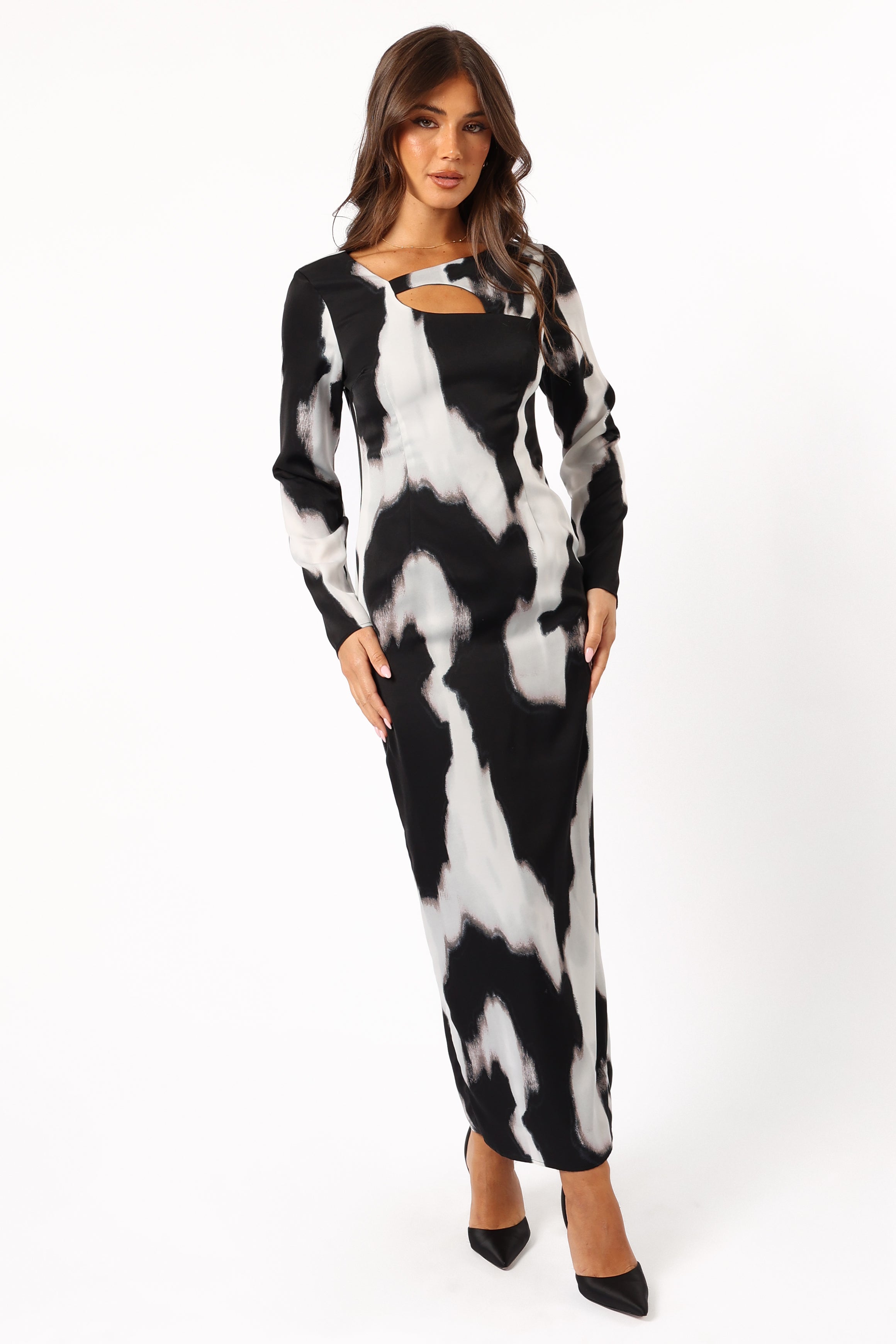 Christah Maxi Dress with Cut Out Detail - Black & White Abstract Print