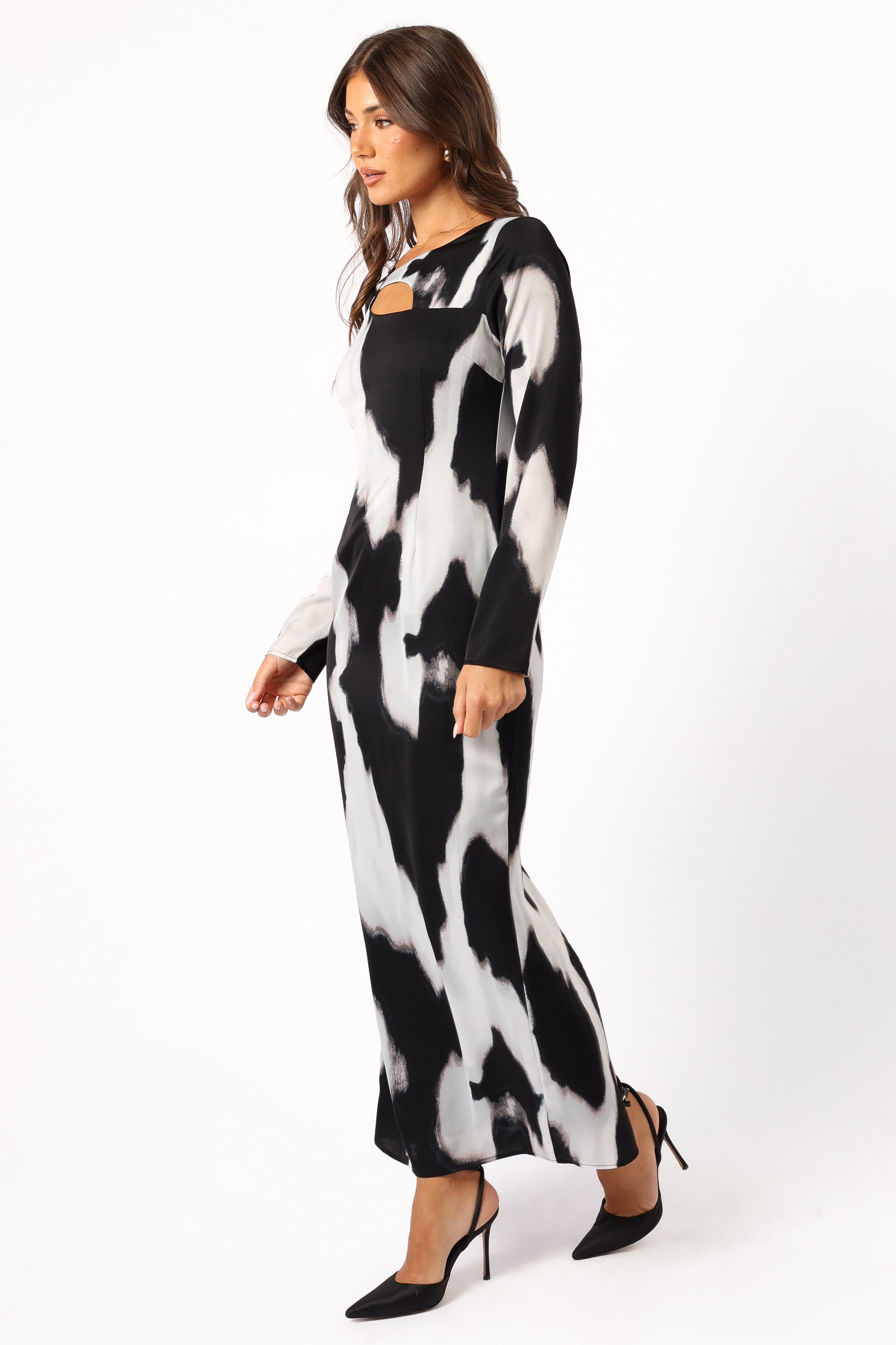 Christah Maxi Dress with Cut Out Detail - Black & White Abstract Print