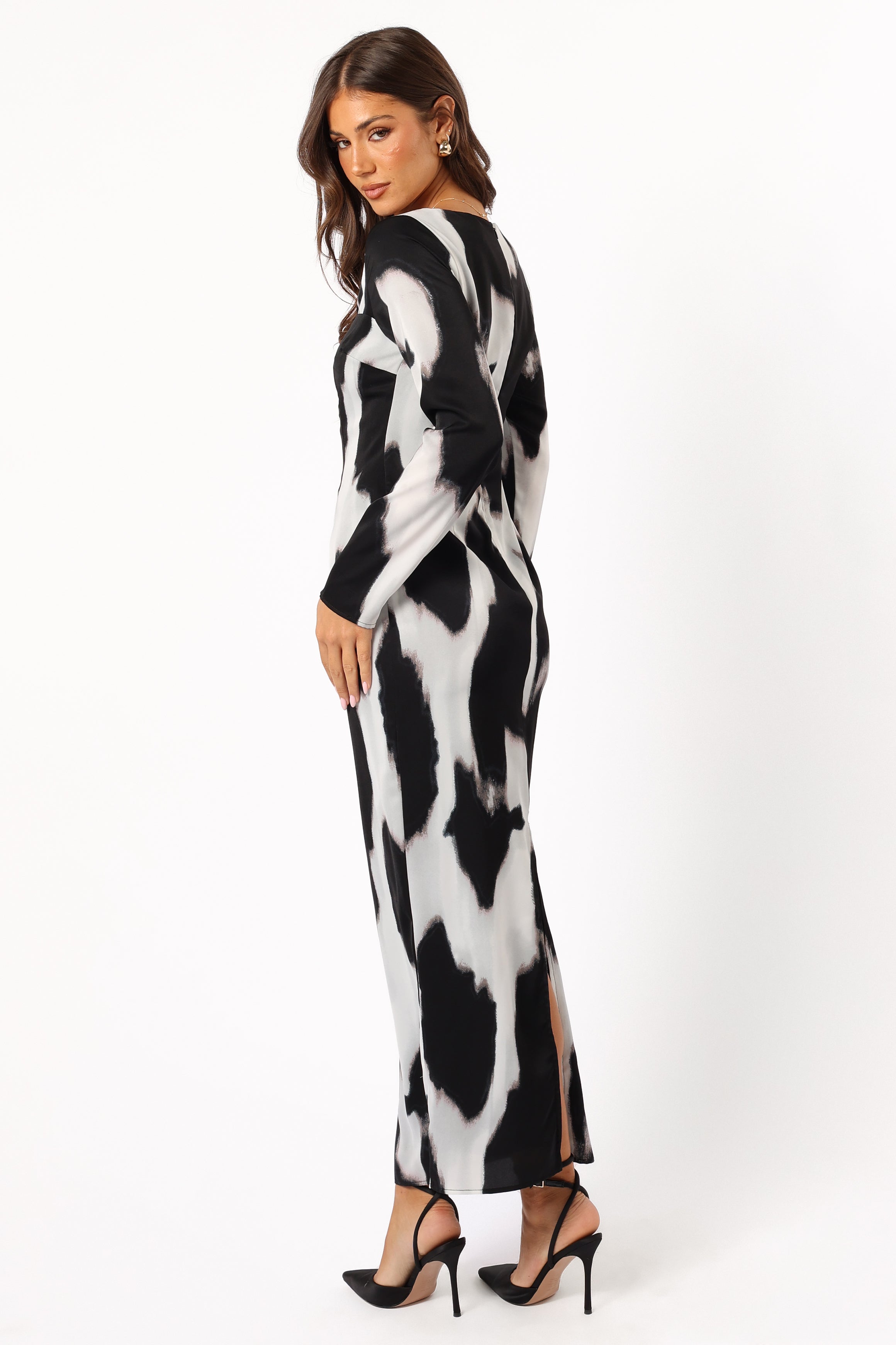 Christah Maxi Dress with Cut Out Detail - Black & White Abstract Print