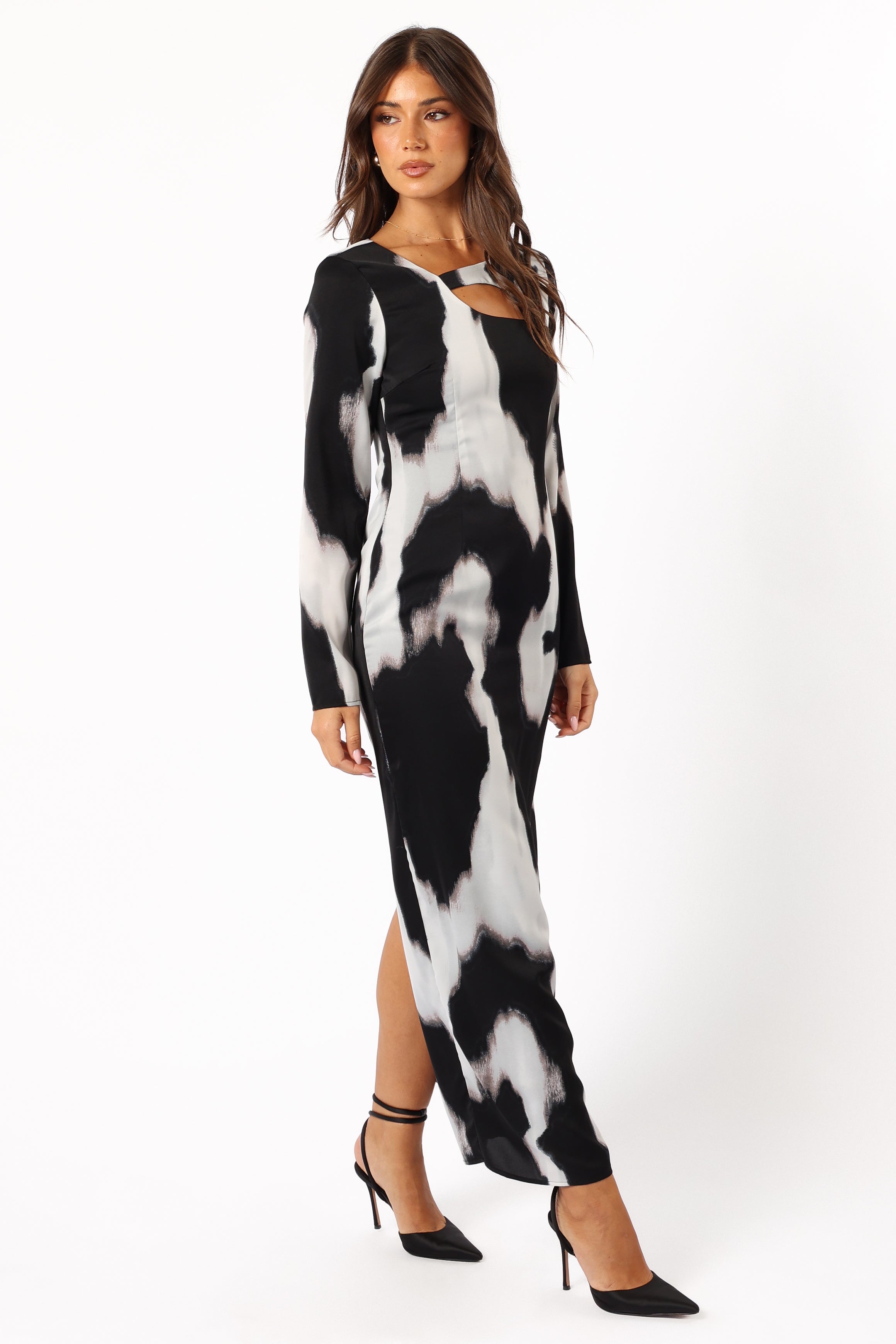 Christah Maxi Dress with Cut Out Detail - Black & White Abstract Print
