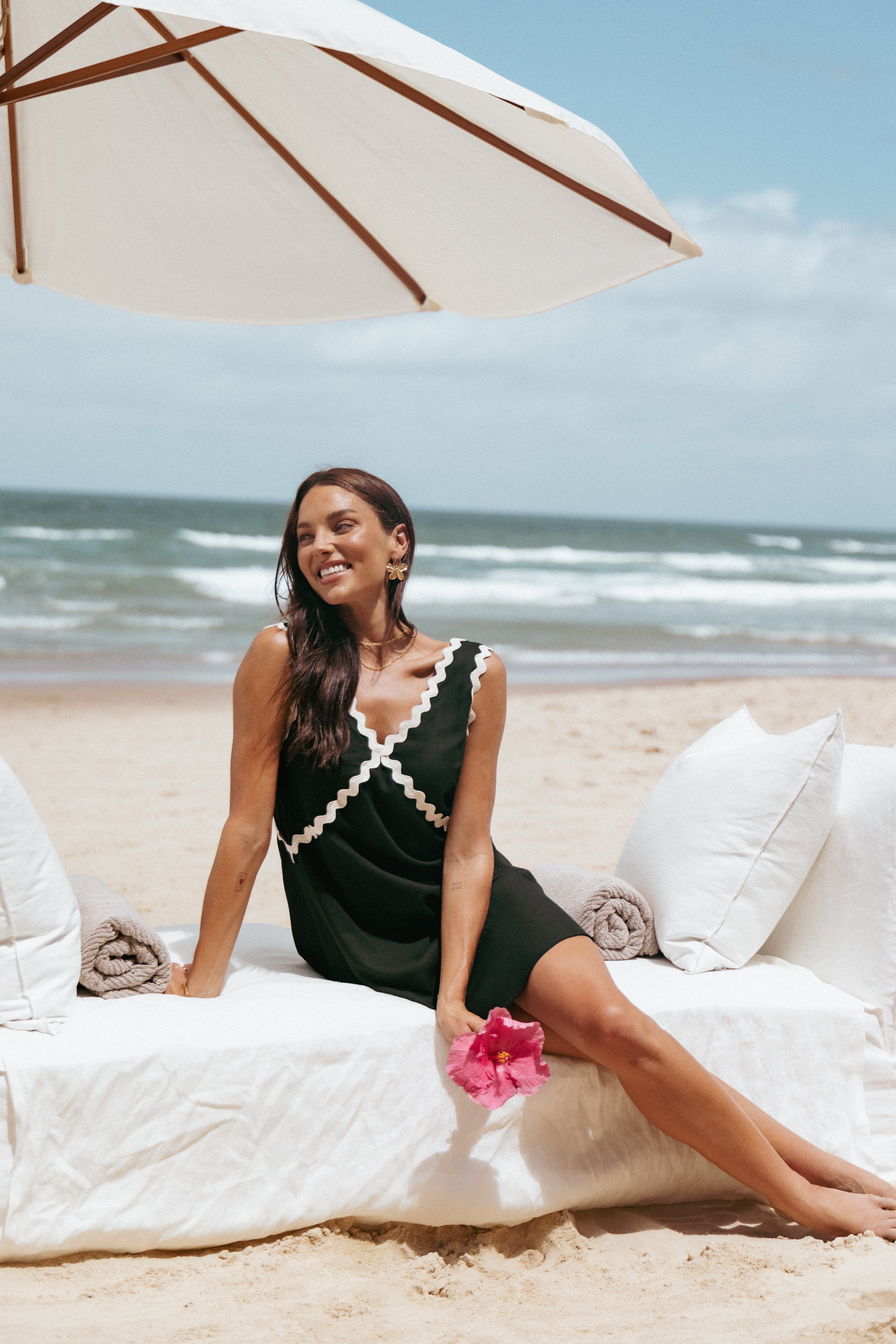 Black Mini Dress with V-Neck & Cream Trim - Lark Sleeveless Dress