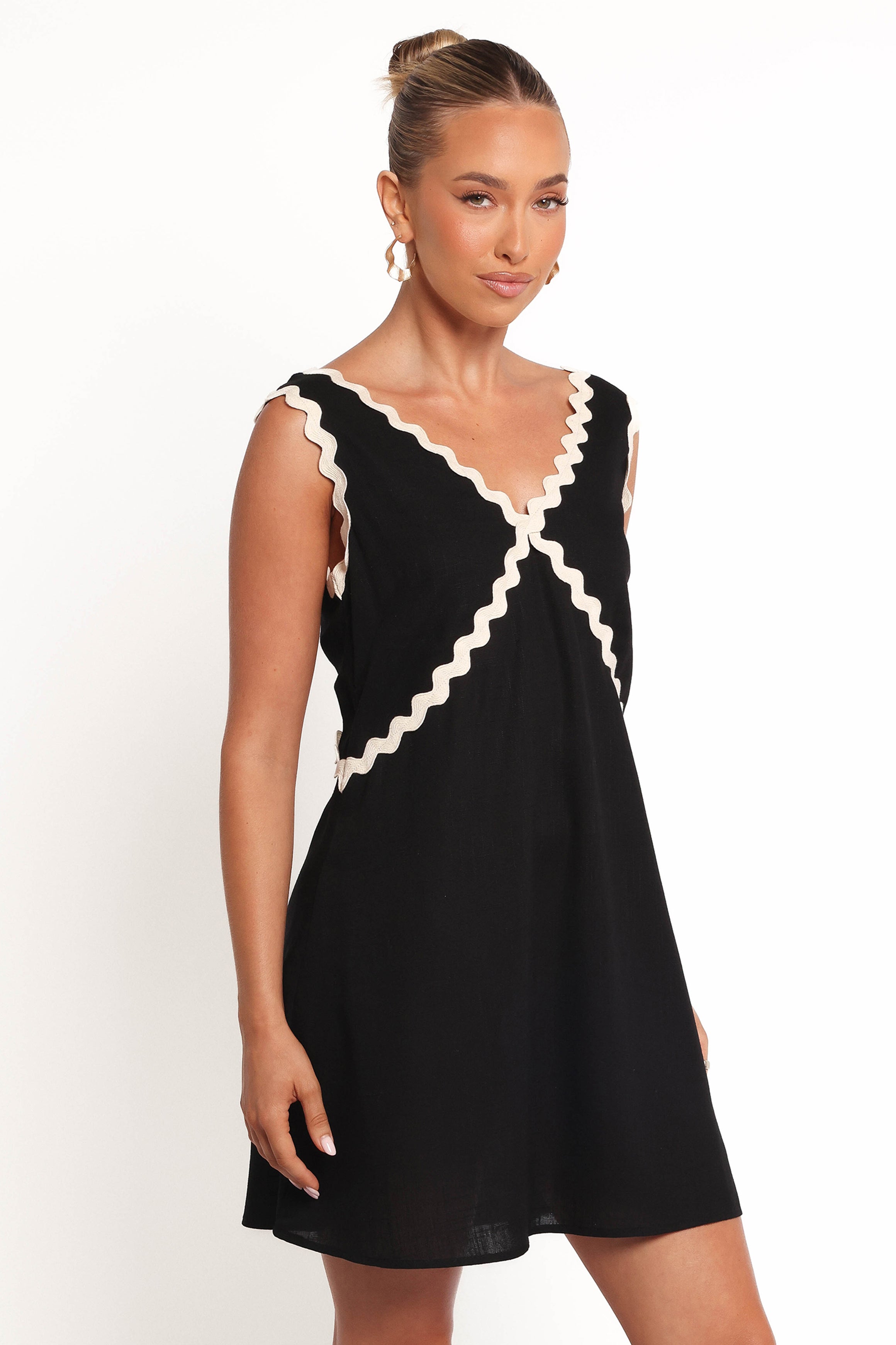 Black Mini Dress with V-Neck & Cream Trim - Lark Sleeveless Dress