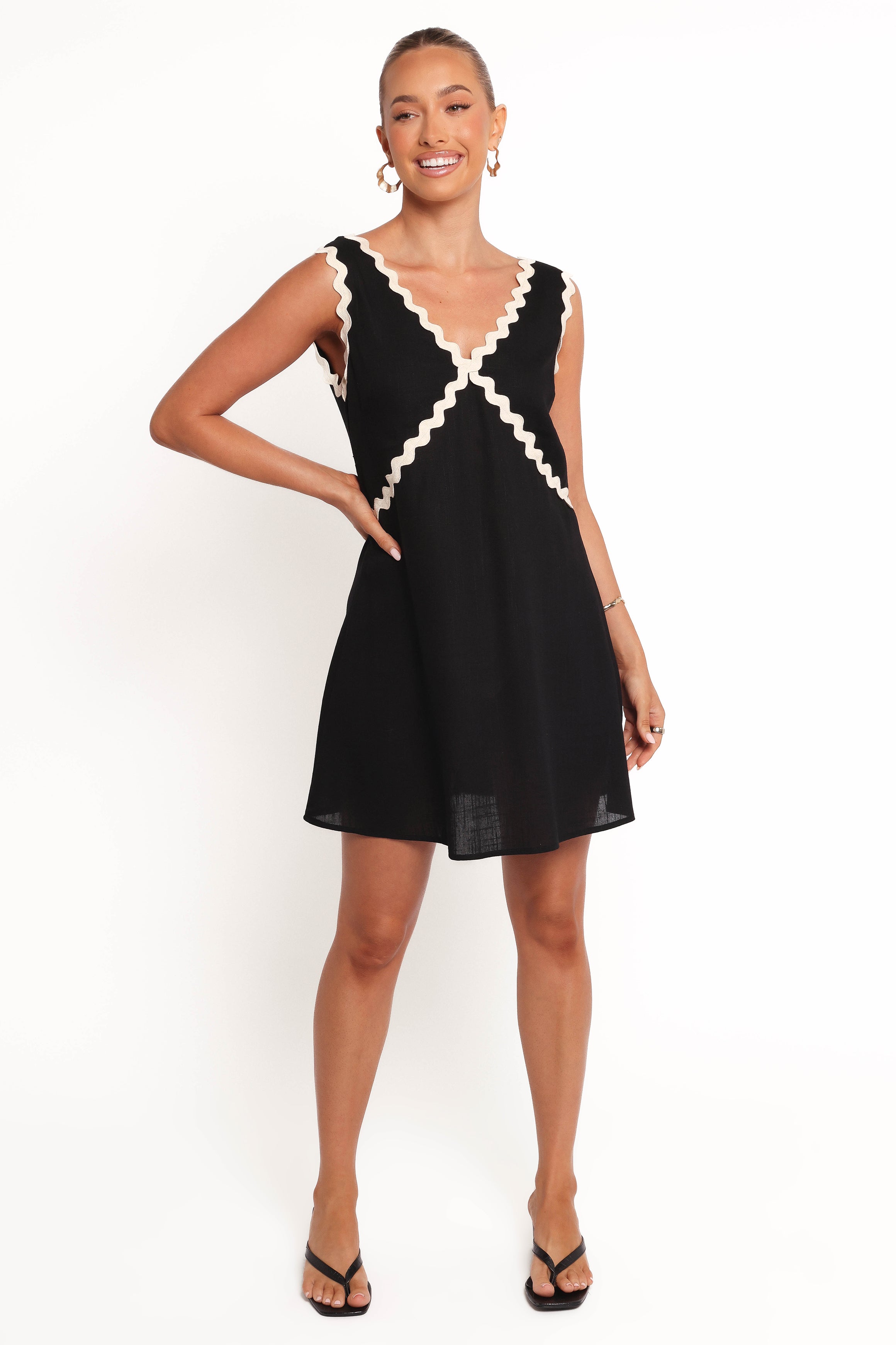 Black Mini Dress with V-Neck & Cream Trim - Lark Sleeveless Dress