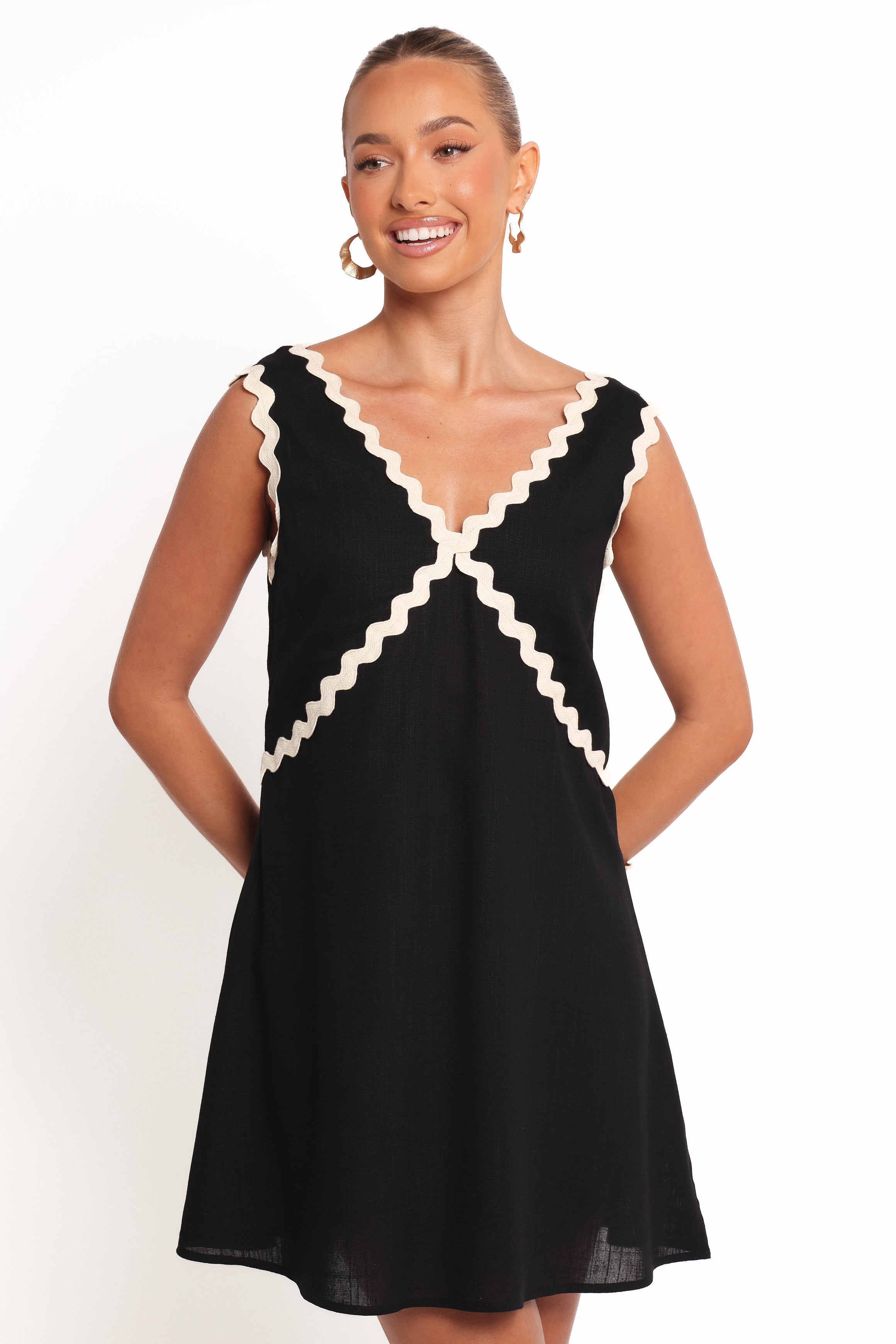 Black Mini Dress with V-Neck & Cream Trim - Lark Sleeveless Dress