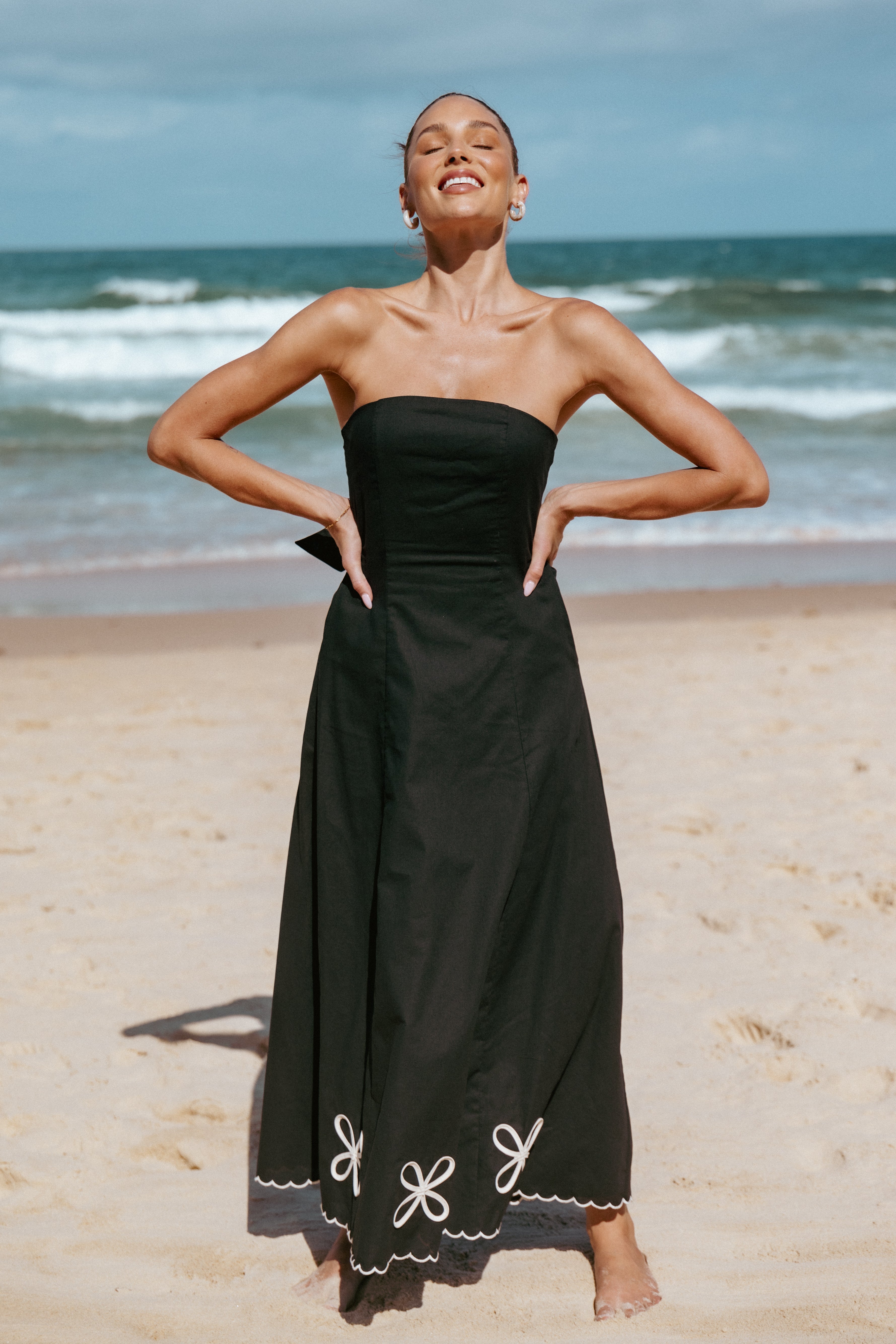 Strapless Black Midi Dress with Cornelli Embroidery | Paola