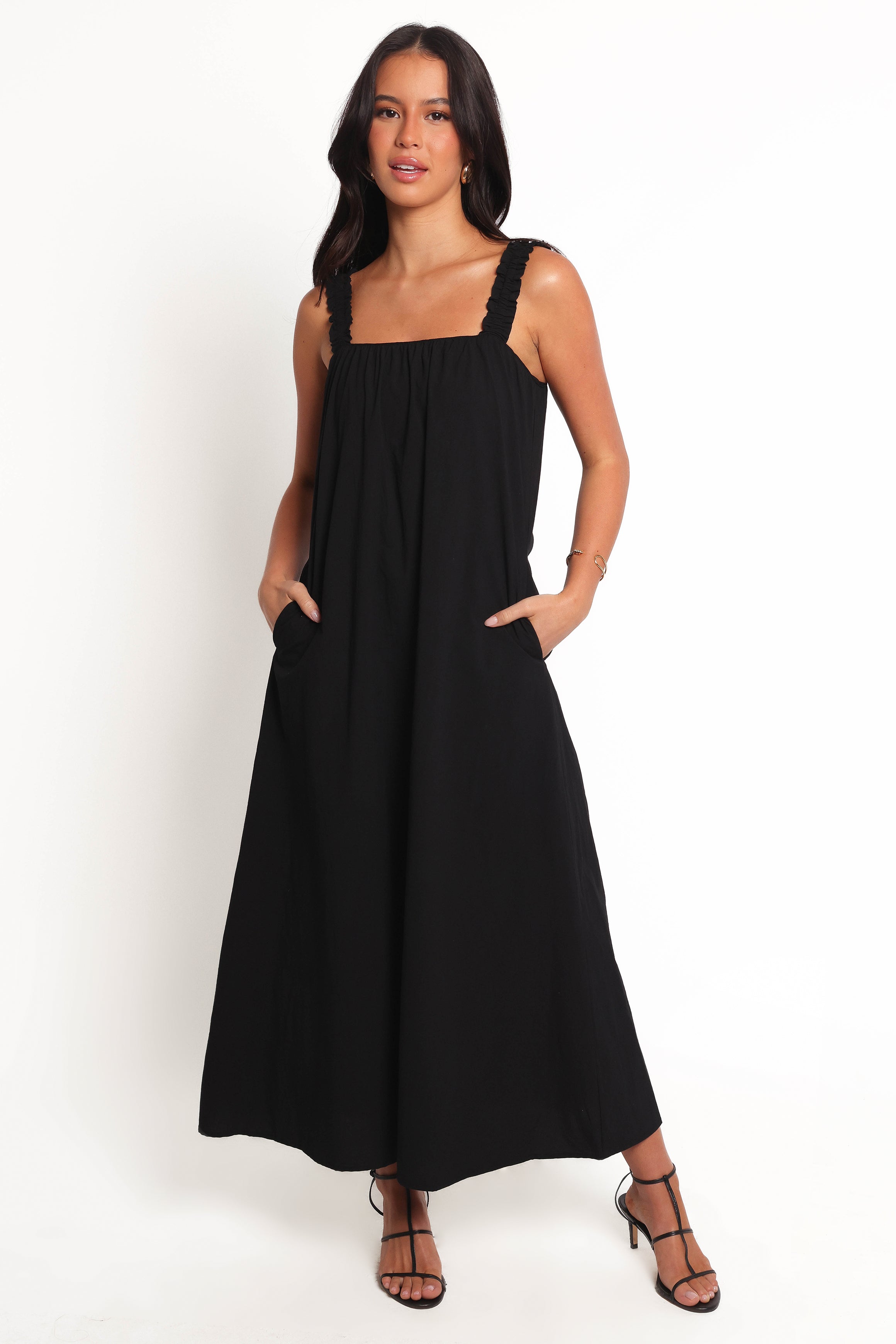 Alessandra Black Maxi Dress with Elastic Straps & Back Zip