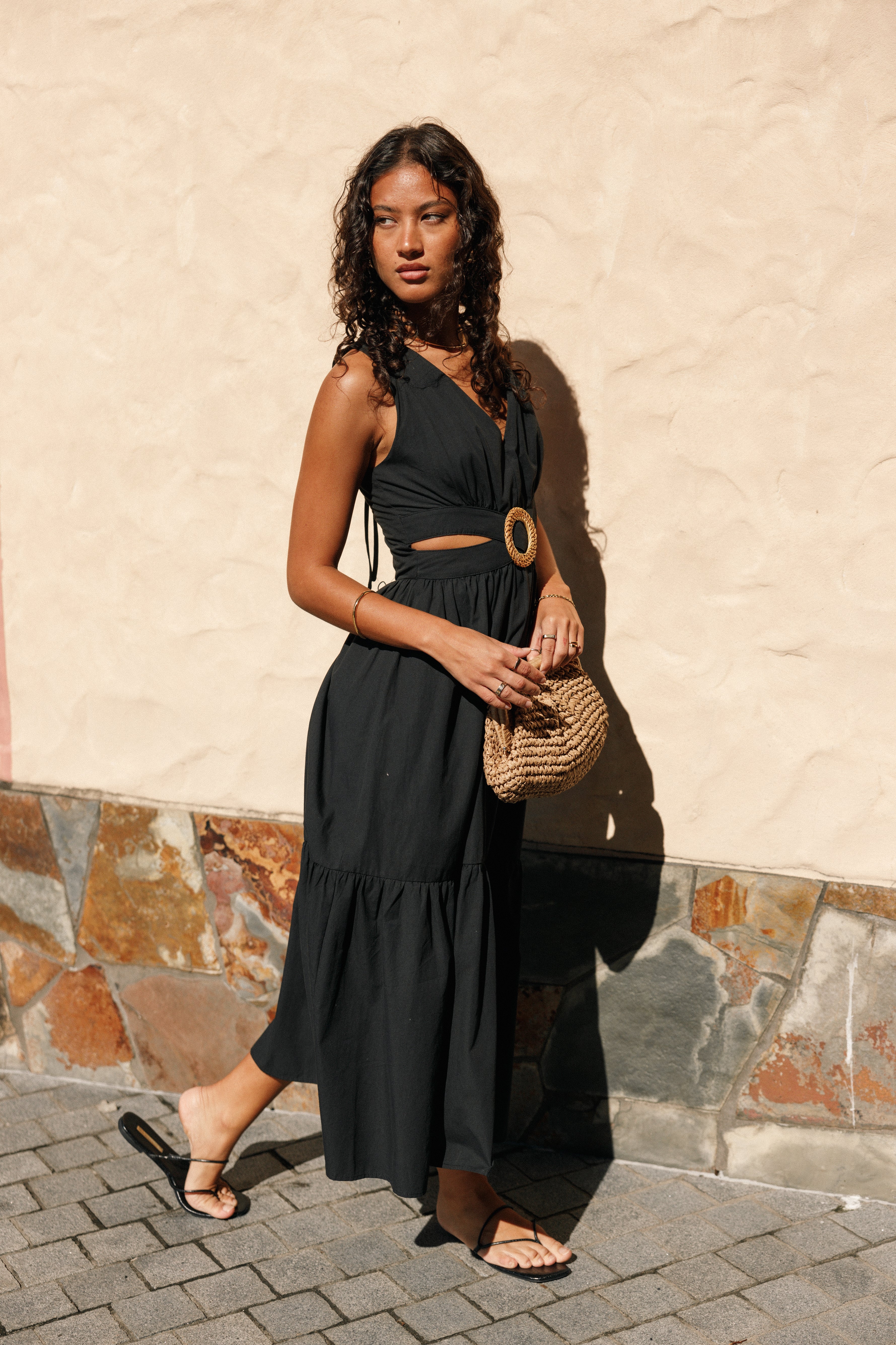 Black Carmella Midi Dress with V Neck & Buckle Detail