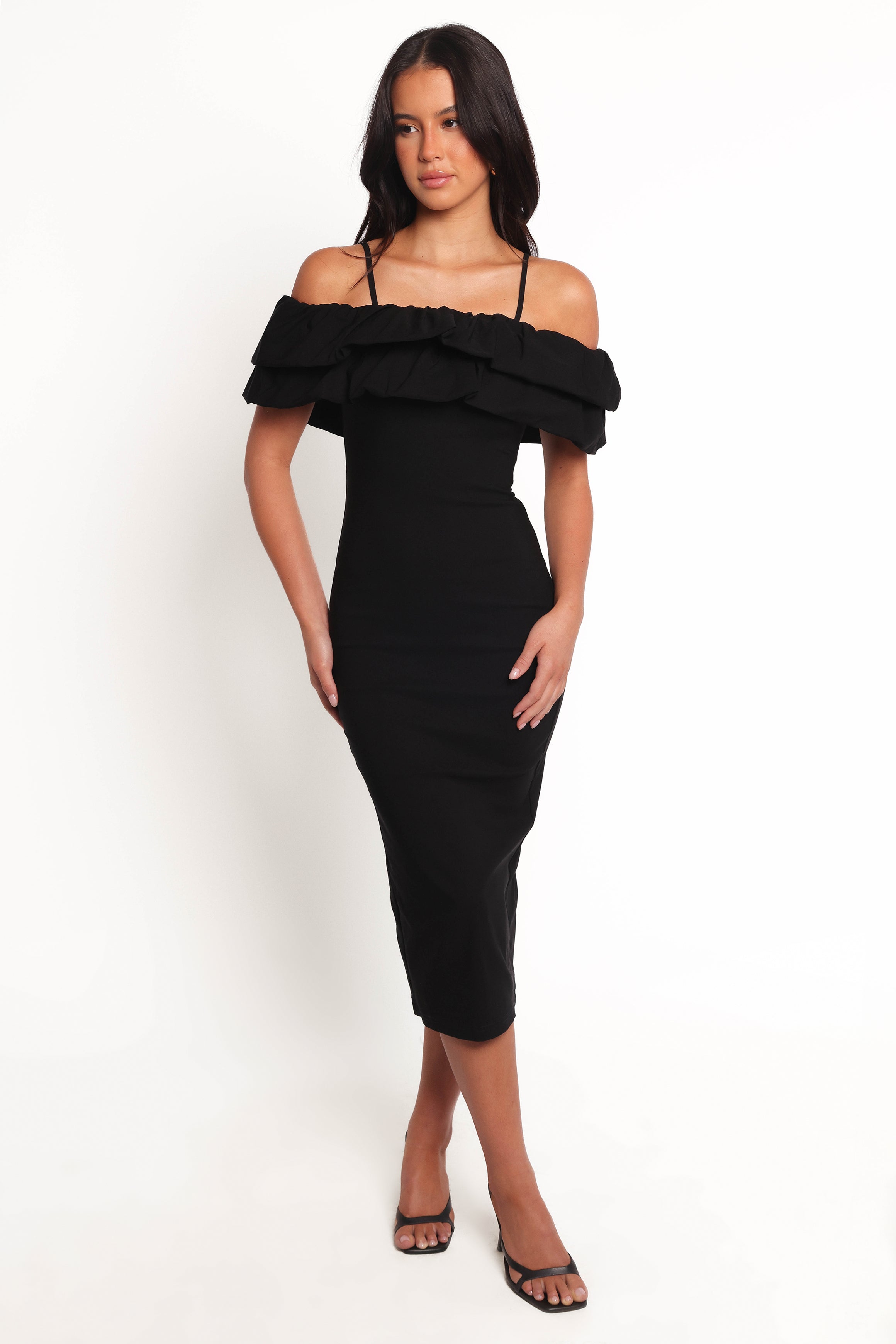 Off-Shoulder Midi Dress with Ruffle Sleeves - Sammi Black