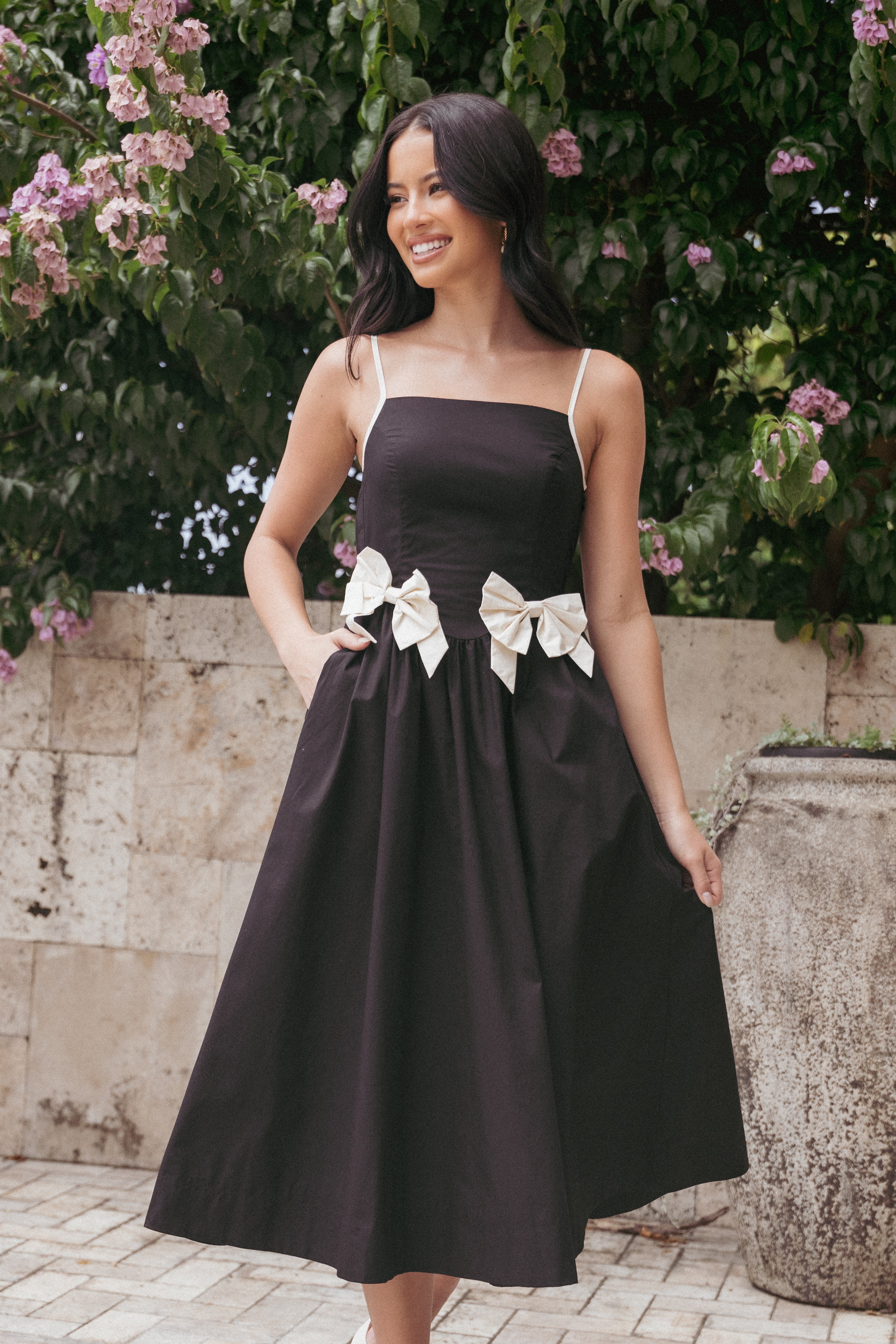 Black Tia Midi Dress with Adjustable Straps & Pockets