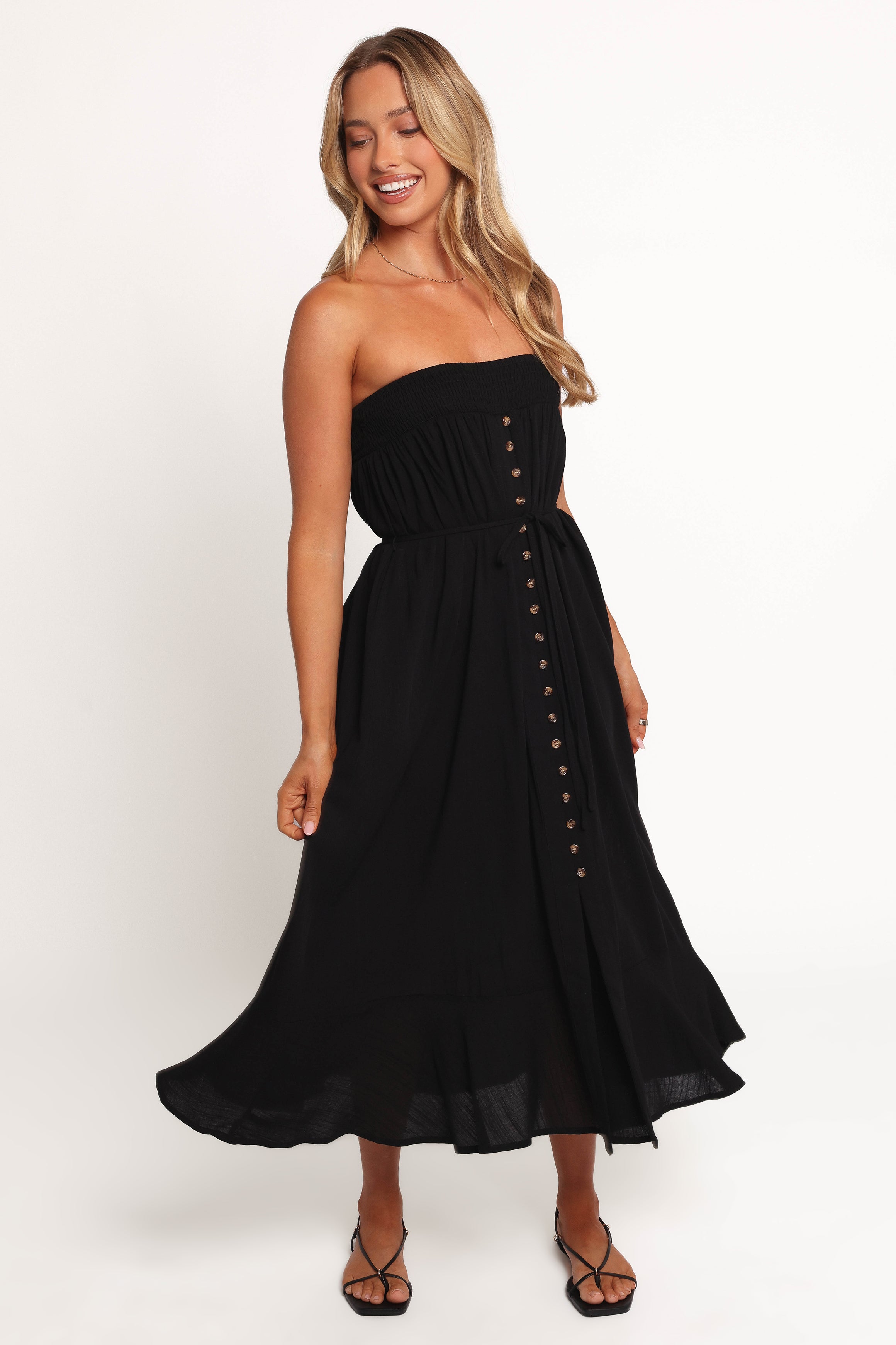 Nerea Black Strapless Midi Dress with Waist Tie