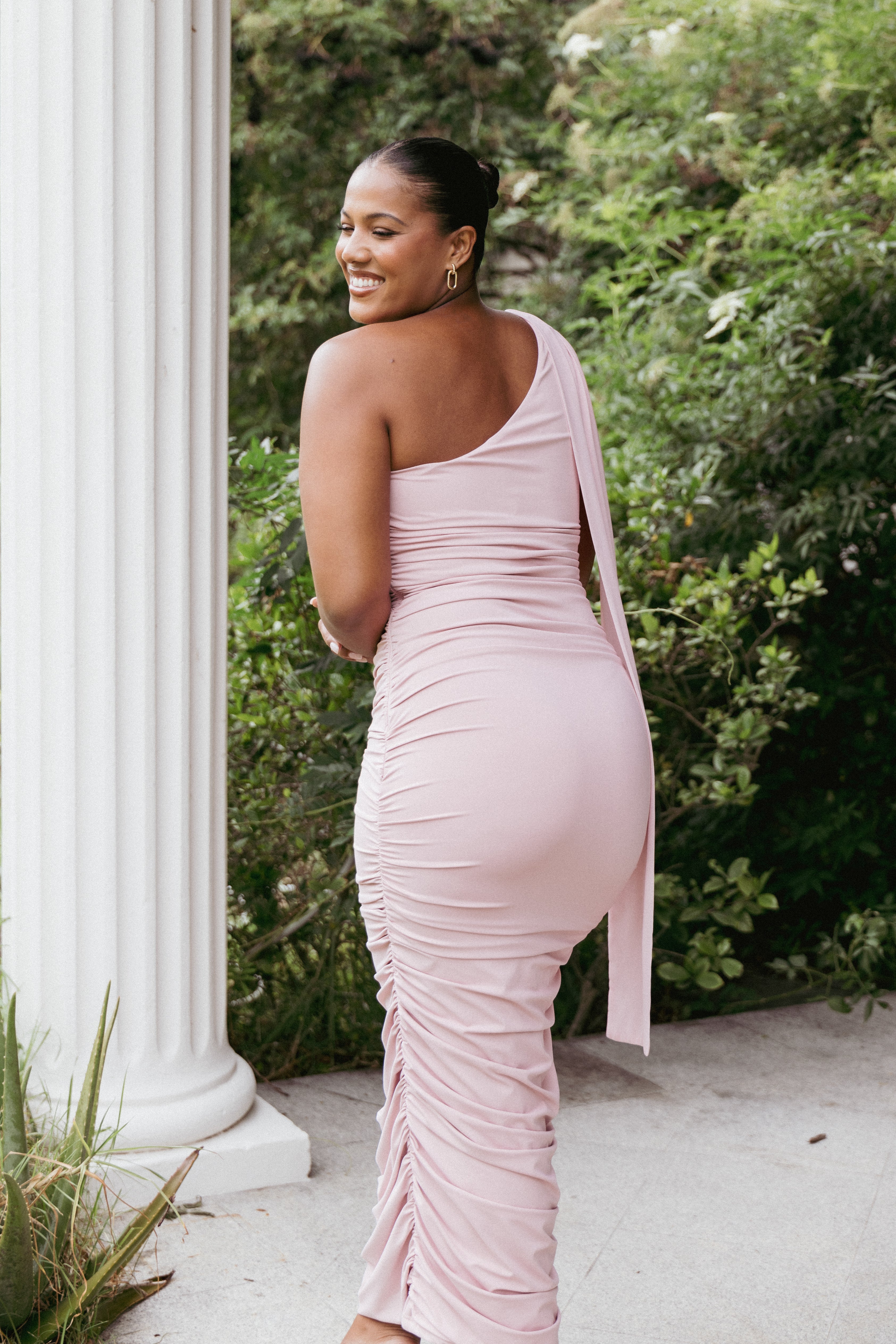 Reia One Shoulder Pink Midi Dress with Scarf Detail