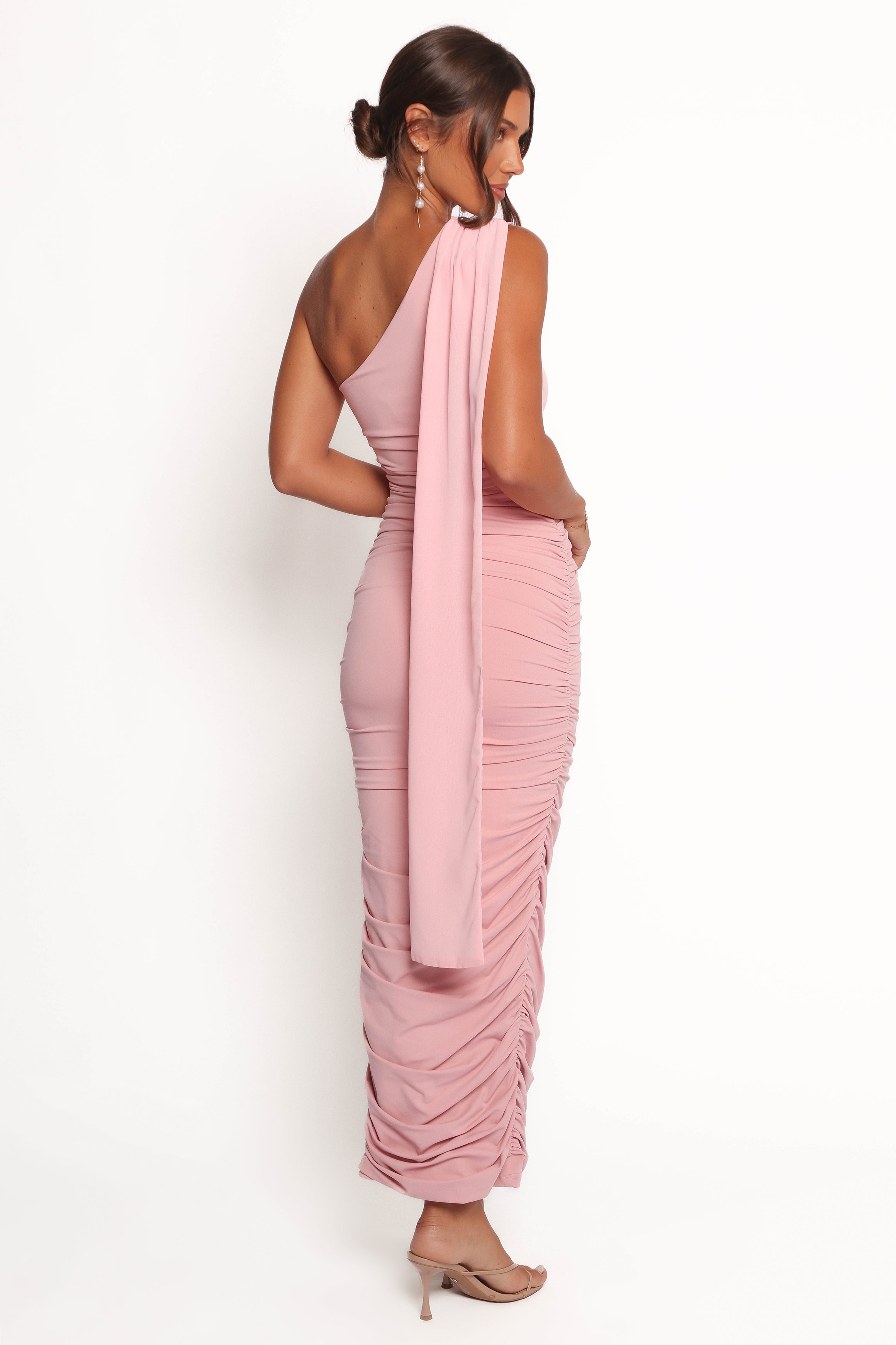 Reia One Shoulder Pink Midi Dress with Scarf Detail
