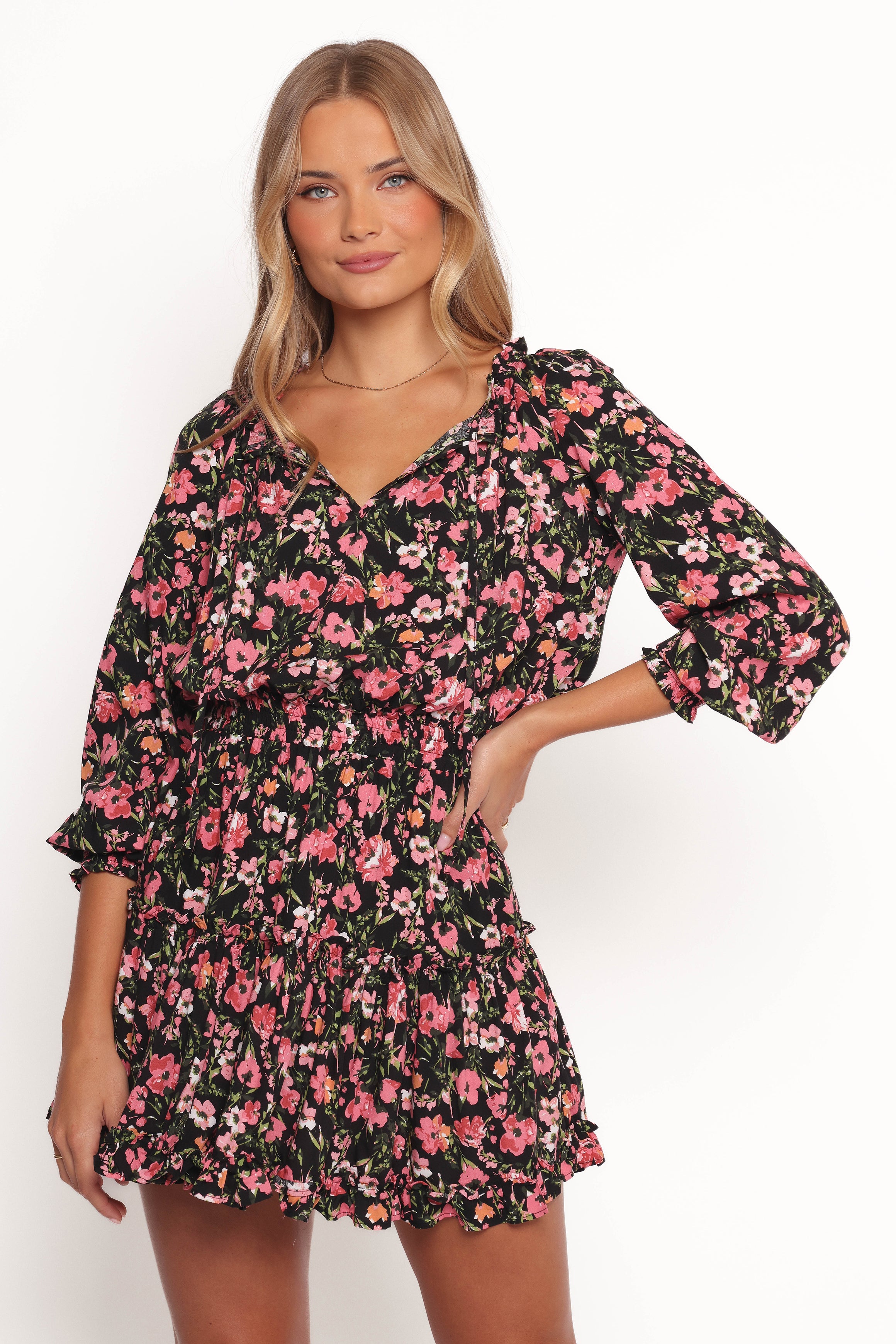 Black Floral Mini Dress with Long Sleeves - Kealan