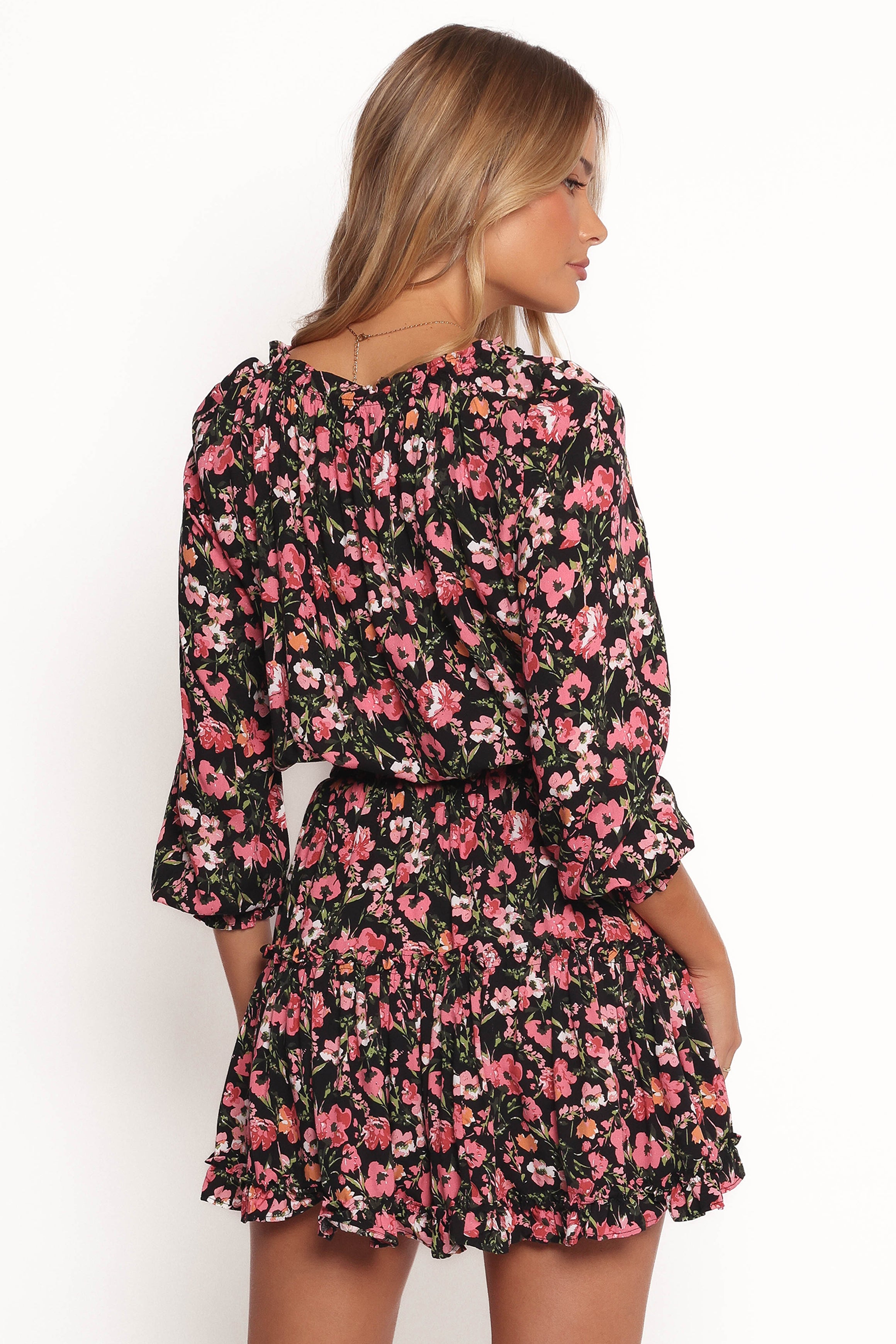 Black Floral Mini Dress with Long Sleeves - Kealan