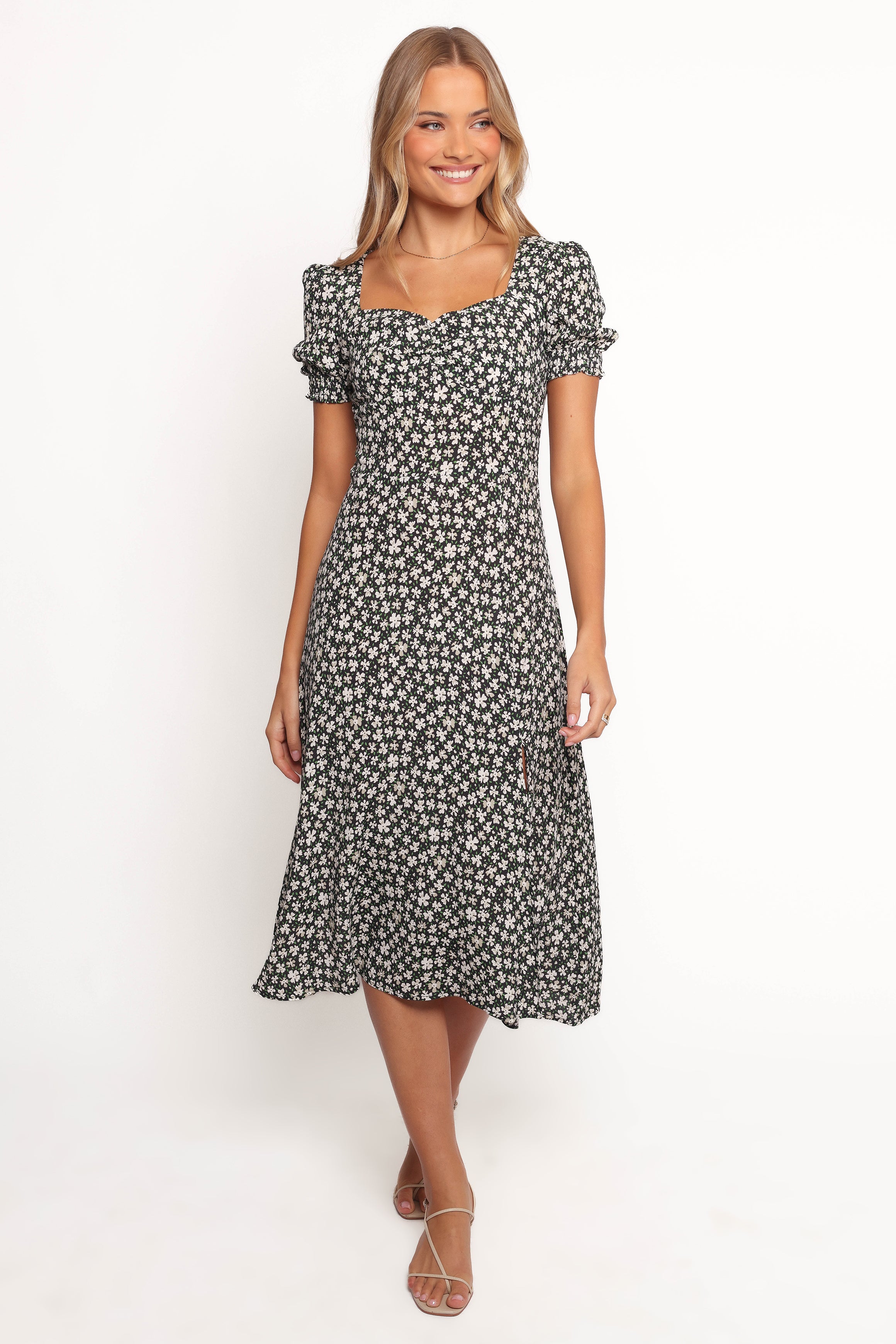 Black Floral Franklin Midi Dress with Sweetheart Neckline & Front Split