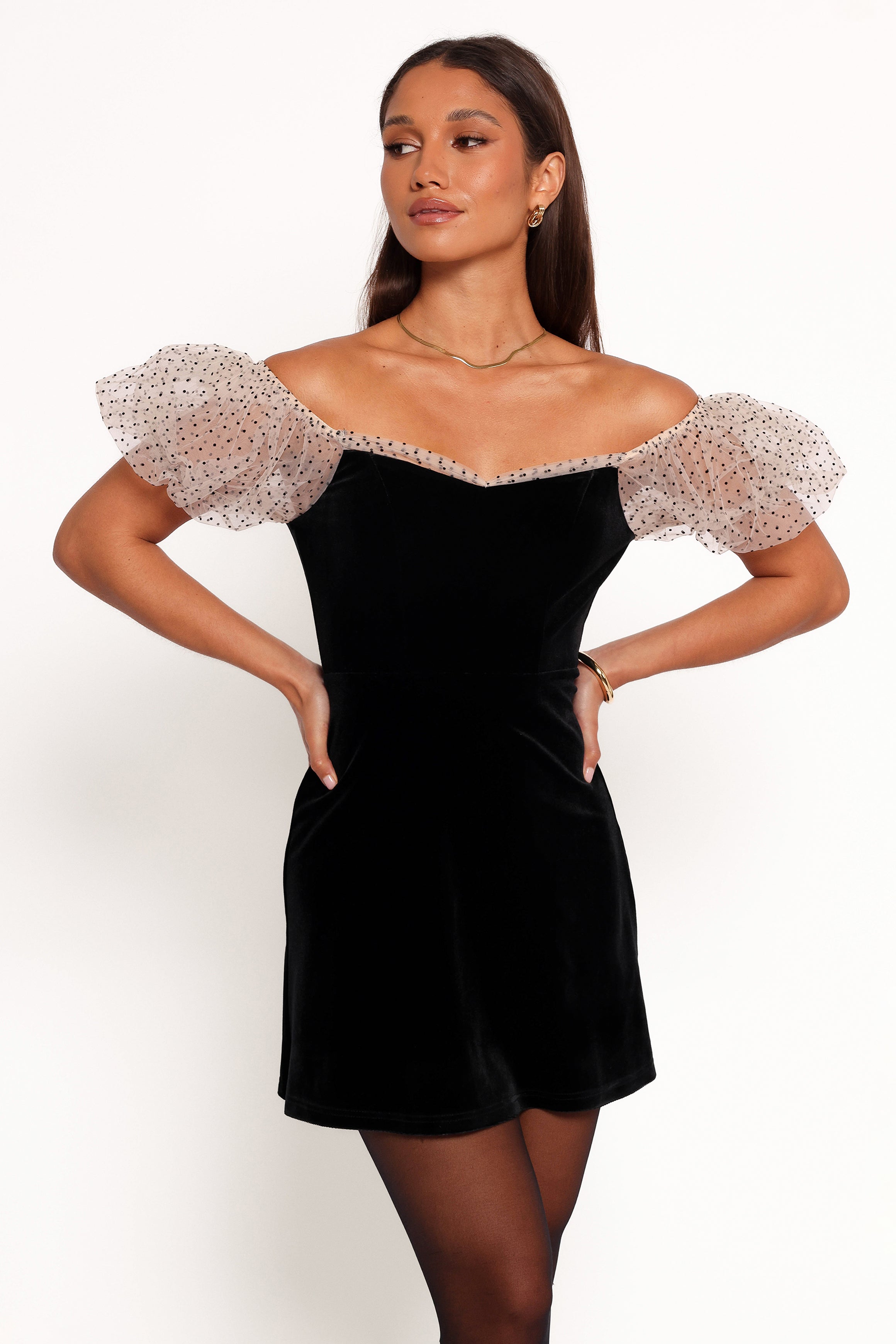 Black Velvet Mini Dress with Sweetheart Neckline & Puff Sleeves - Ennette