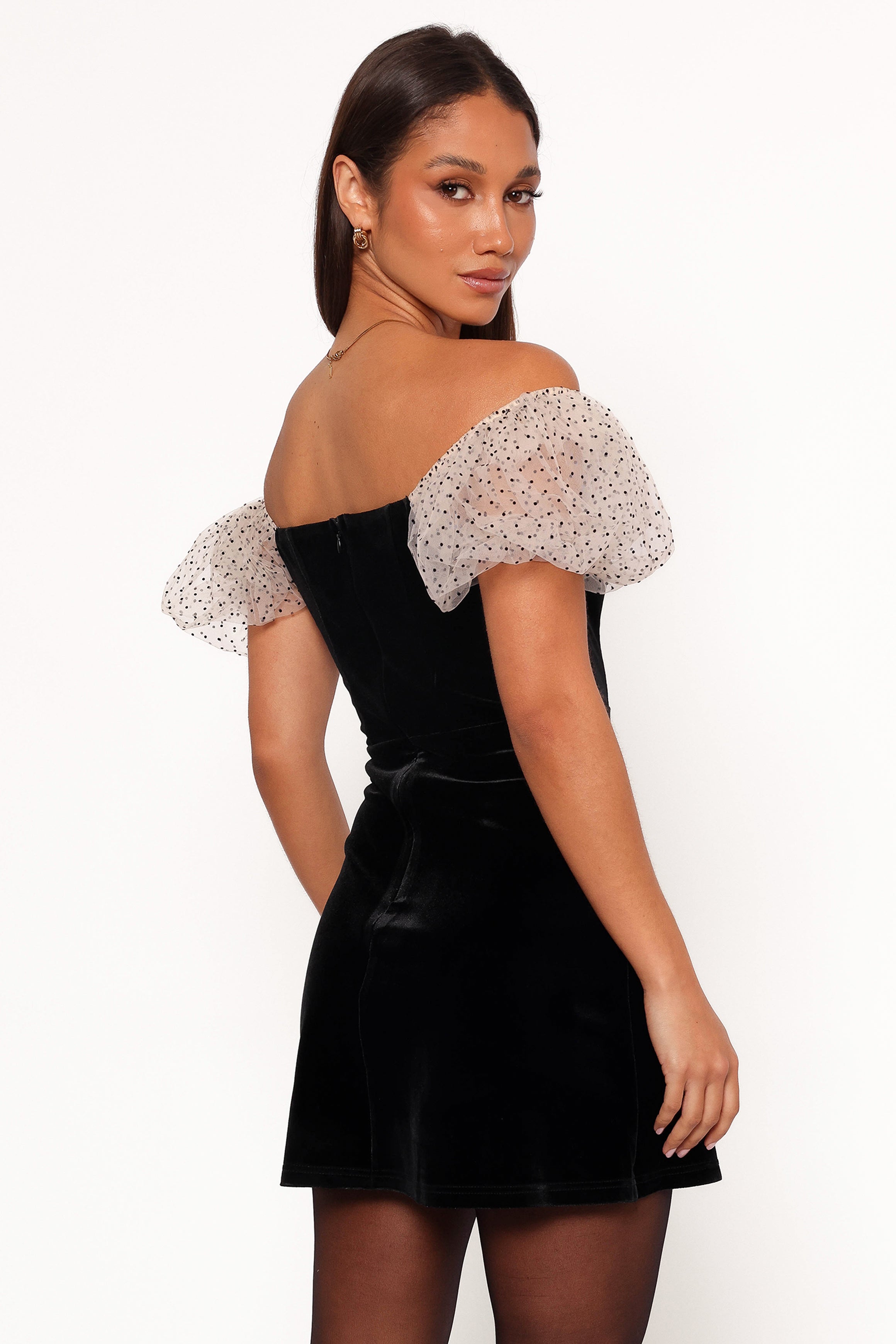 Black Velvet Mini Dress with Sweetheart Neckline & Puff Sleeves - Ennette