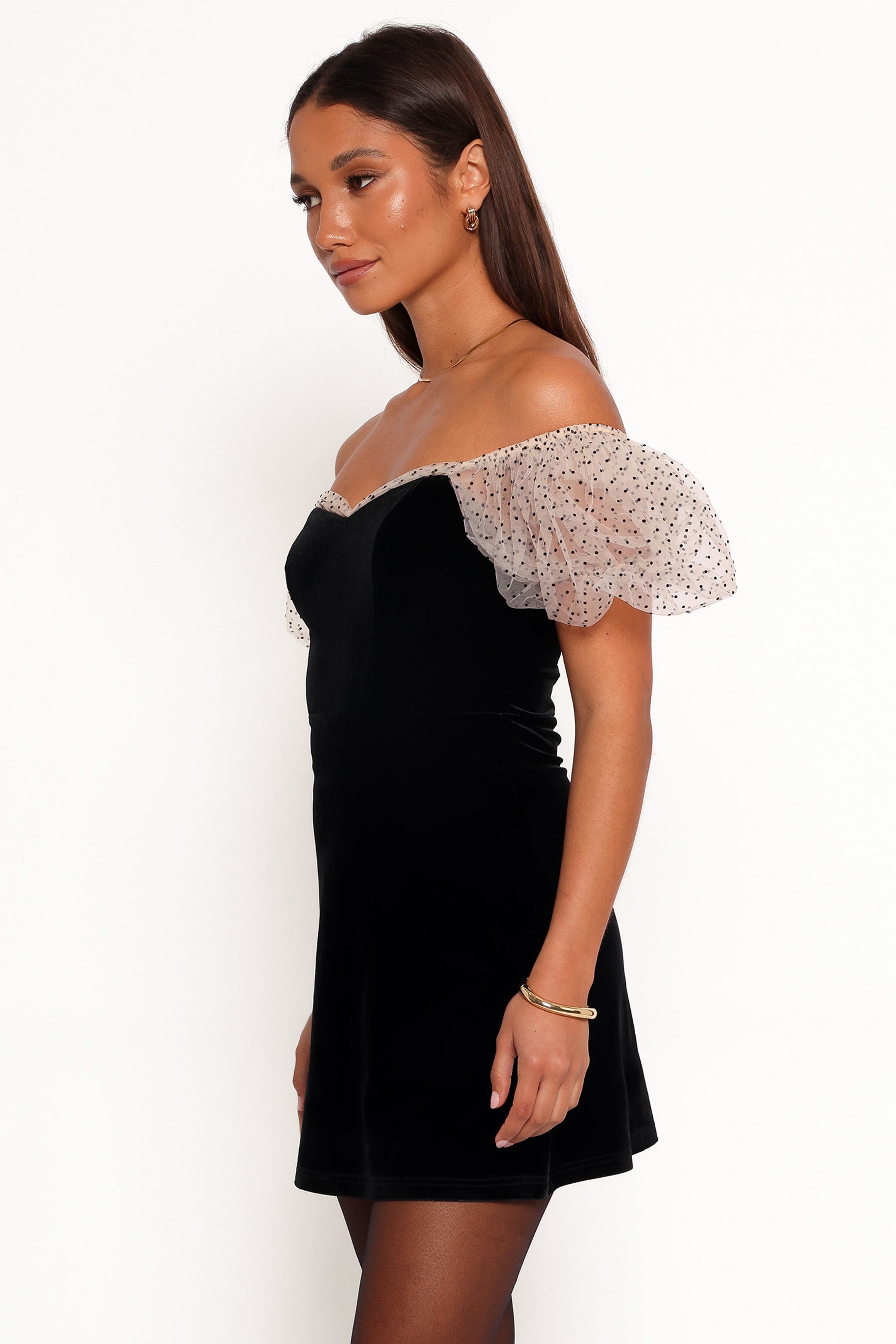 Black Velvet Mini Dress with Sweetheart Neckline & Puff Sleeves - Ennette