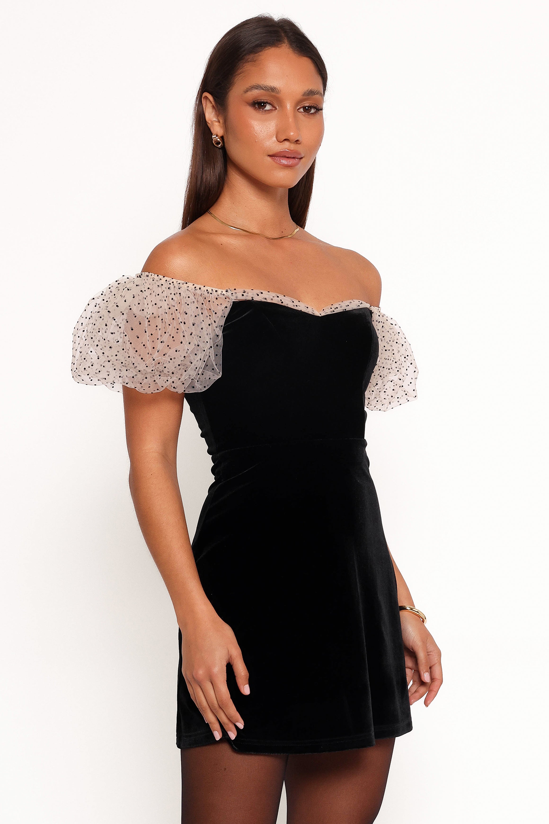 Black Velvet Mini Dress with Sweetheart Neckline & Puff Sleeves - Ennette