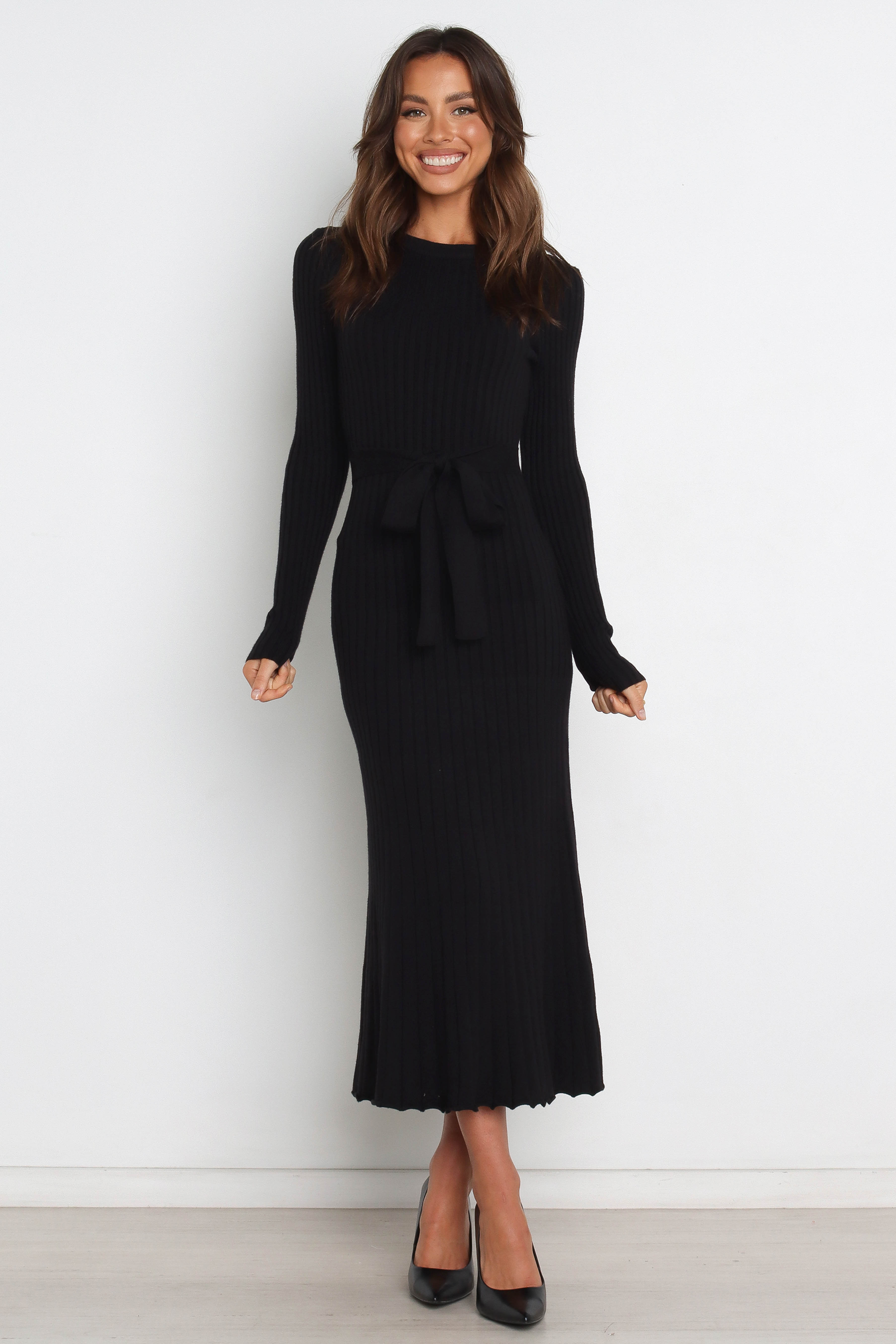 Rhianna Ribbed Knit Midi Dress with Belt - Black