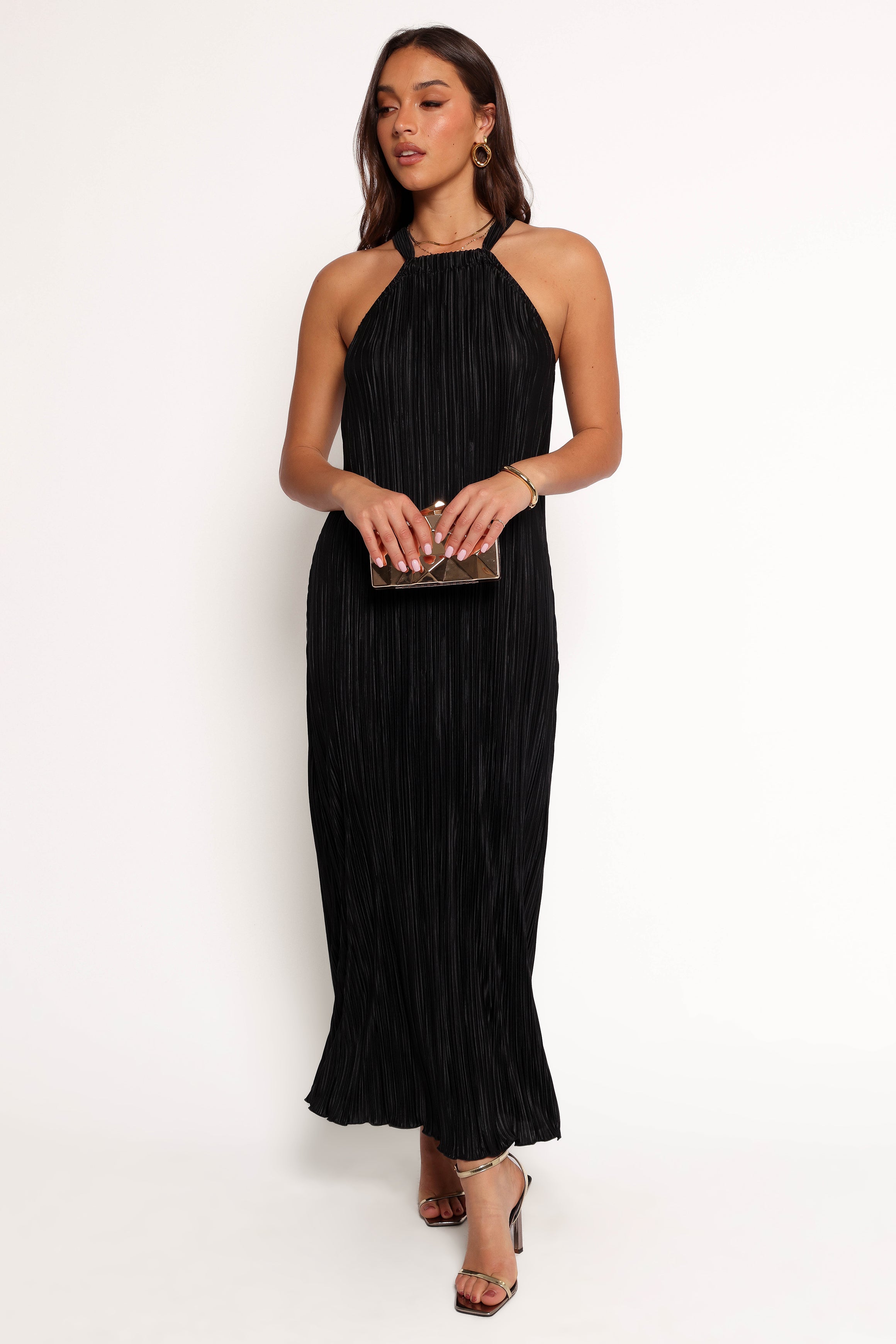 Black Plisse Halter Maxi Dress - Elegant Sleeveless Evening Gown