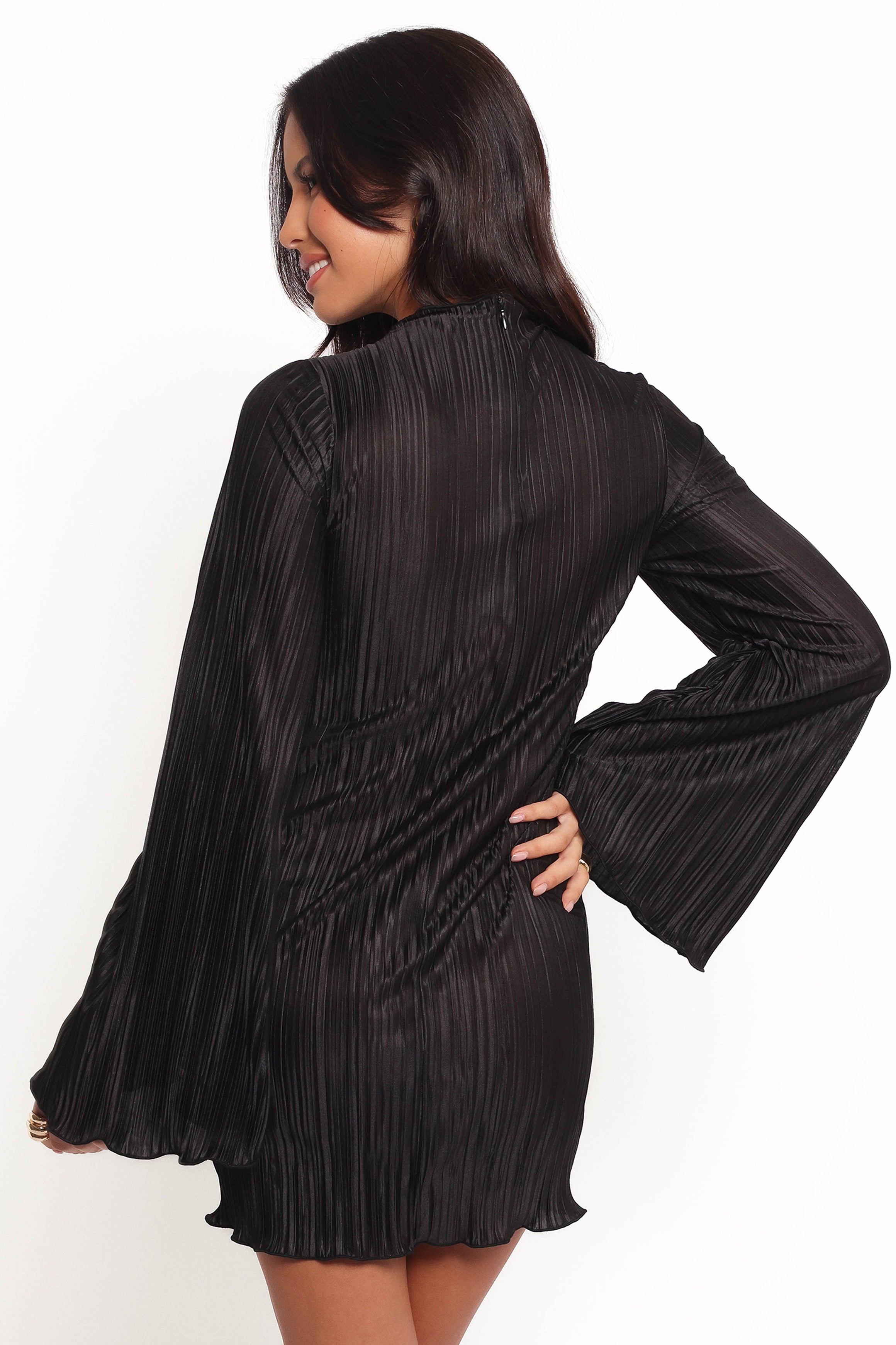Black Mini Dress with Bell Sleeves & Lettuce Hem - Cerise Style