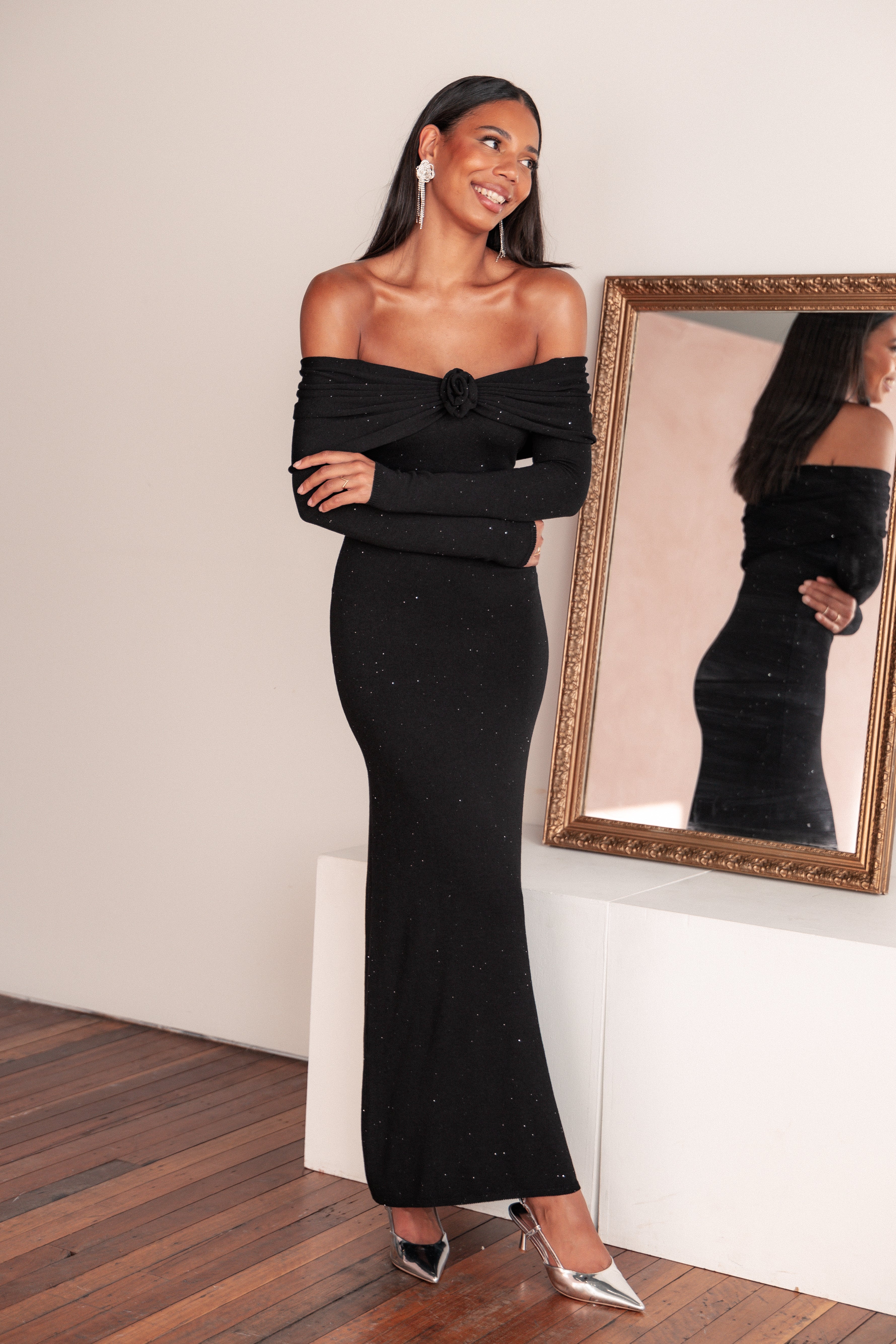 Black Sequin Off-Shoulder Maxi Dress - Pennie Knit Bodycon
