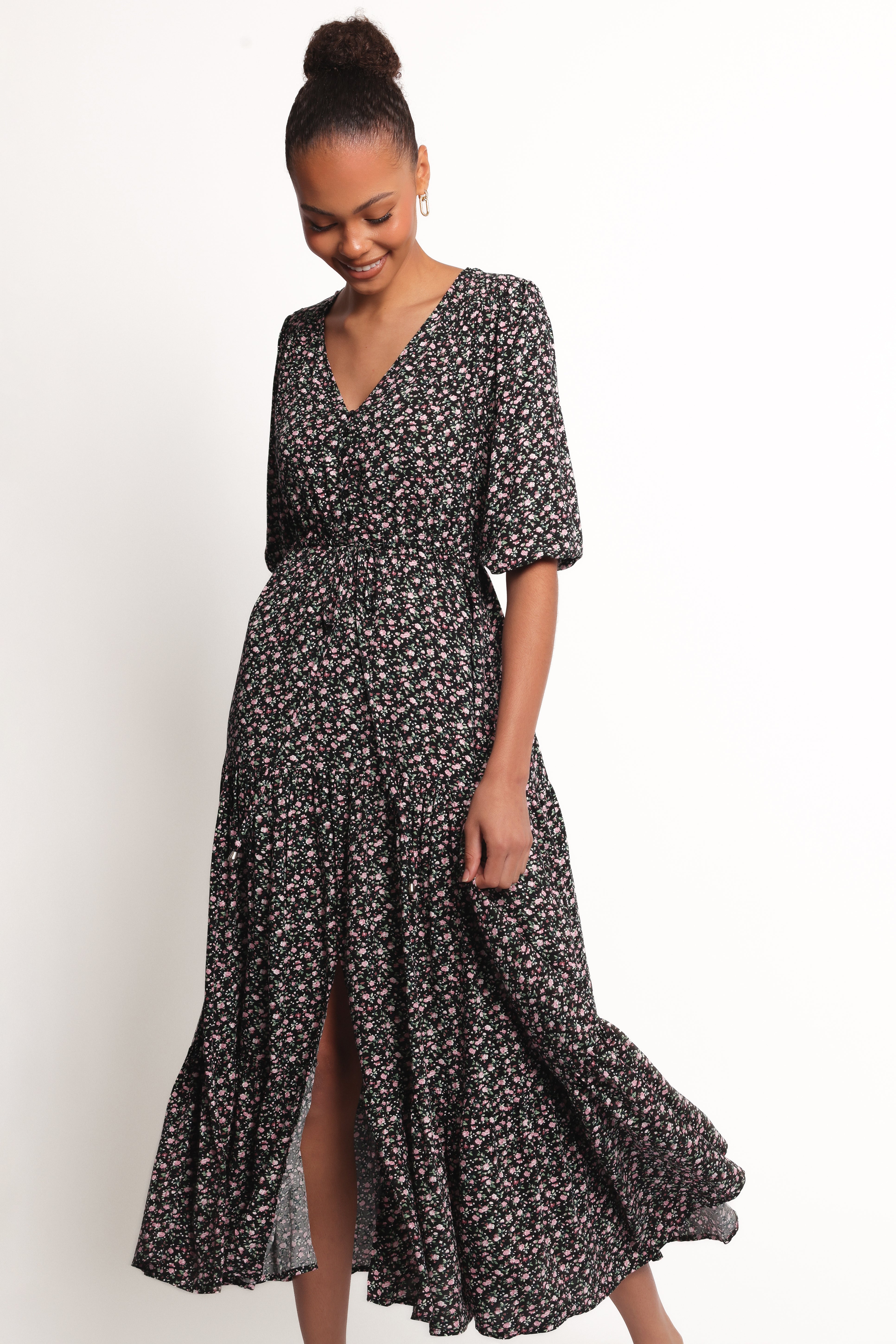 Floral Maxi Dress with V-Neck & Waist Tie - Kelda Black Rosebud