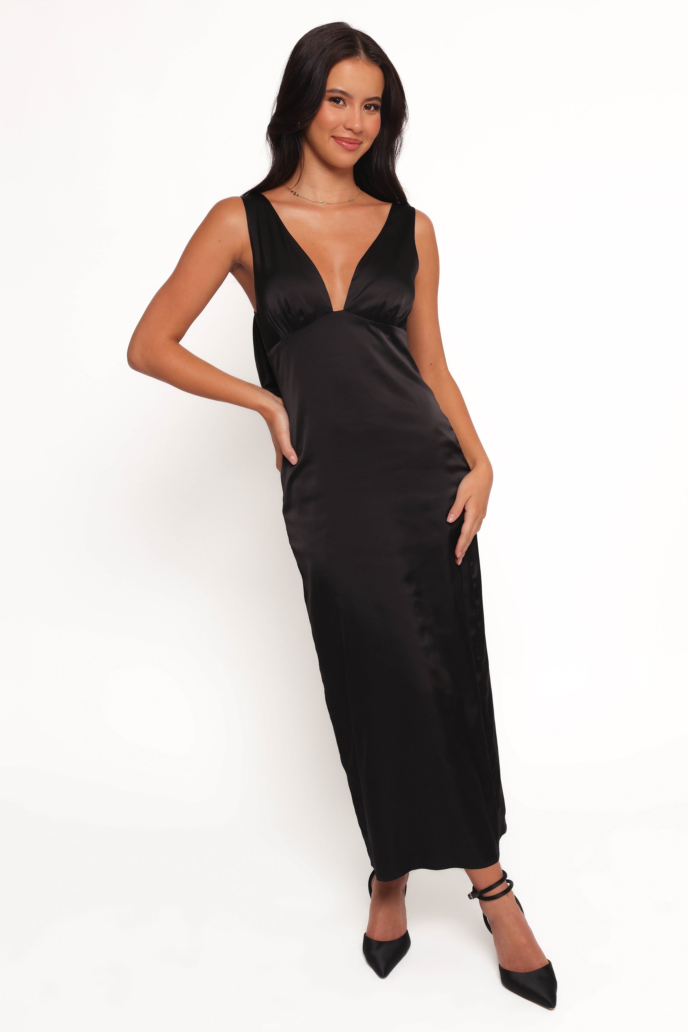 Lenora Black Satin Maxi Dress with V Neck & Bow Back