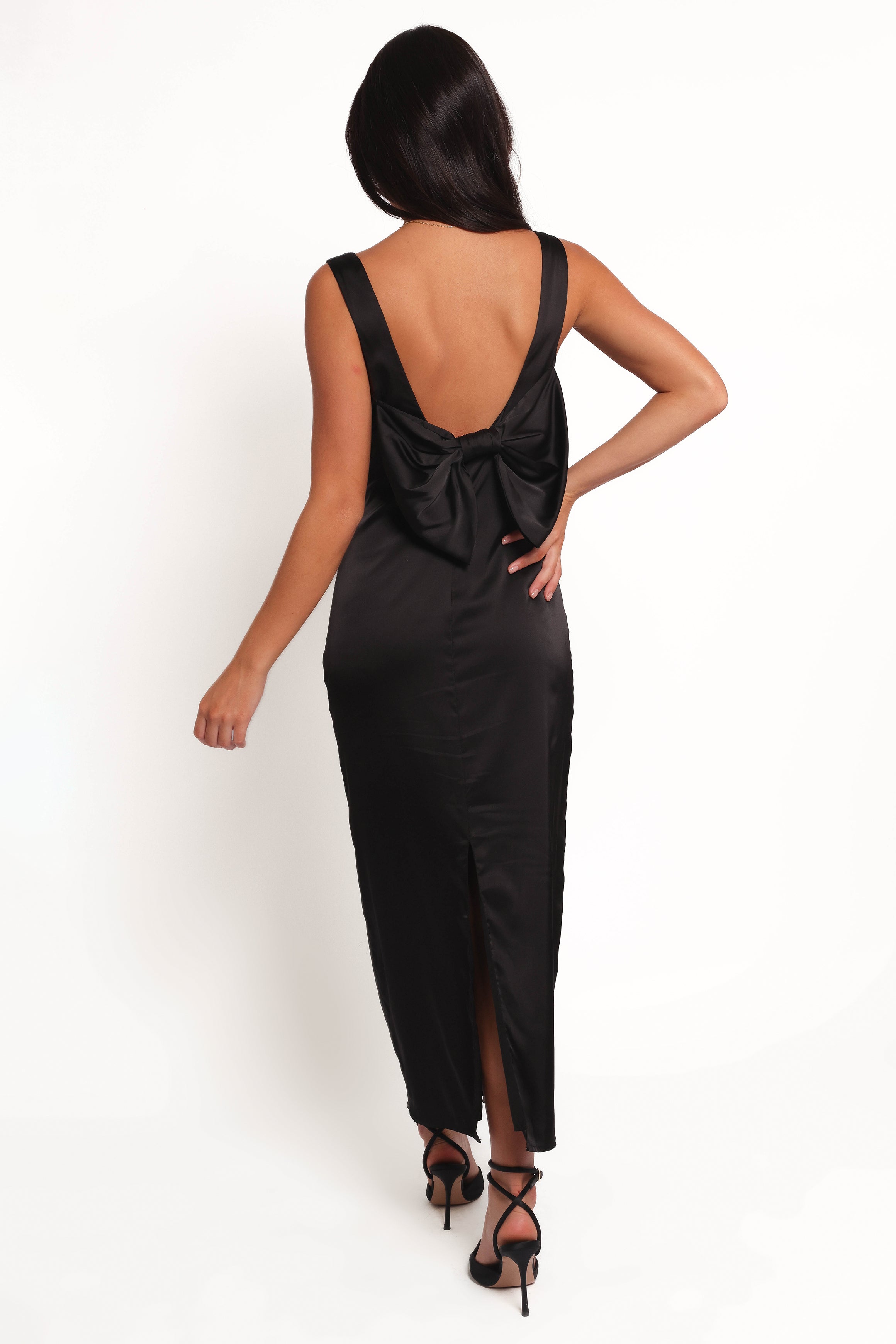 Lenora Black Satin Maxi Dress with V Neck & Bow Back