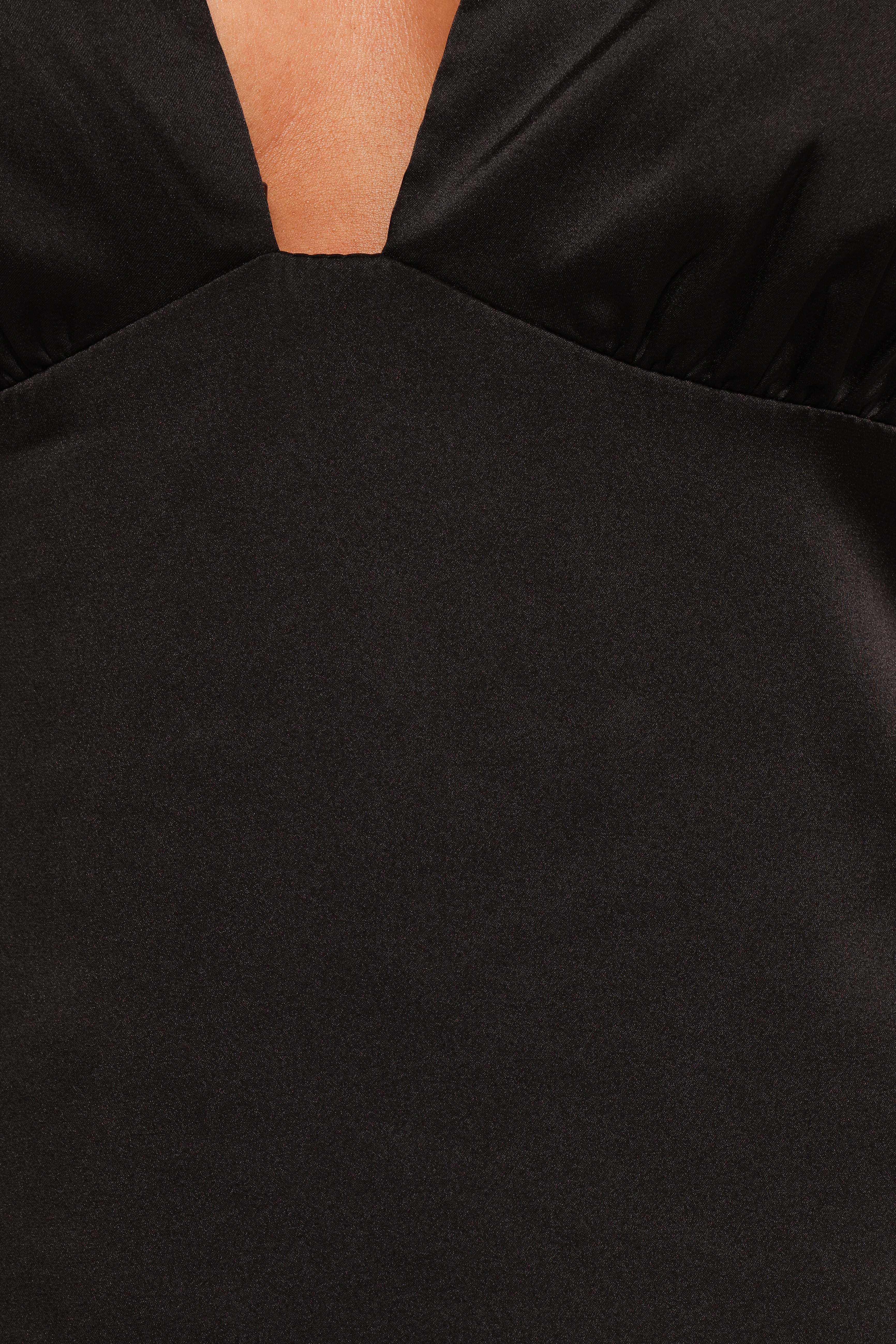 Lenora Black Satin Maxi Dress with V Neck & Bow Back
