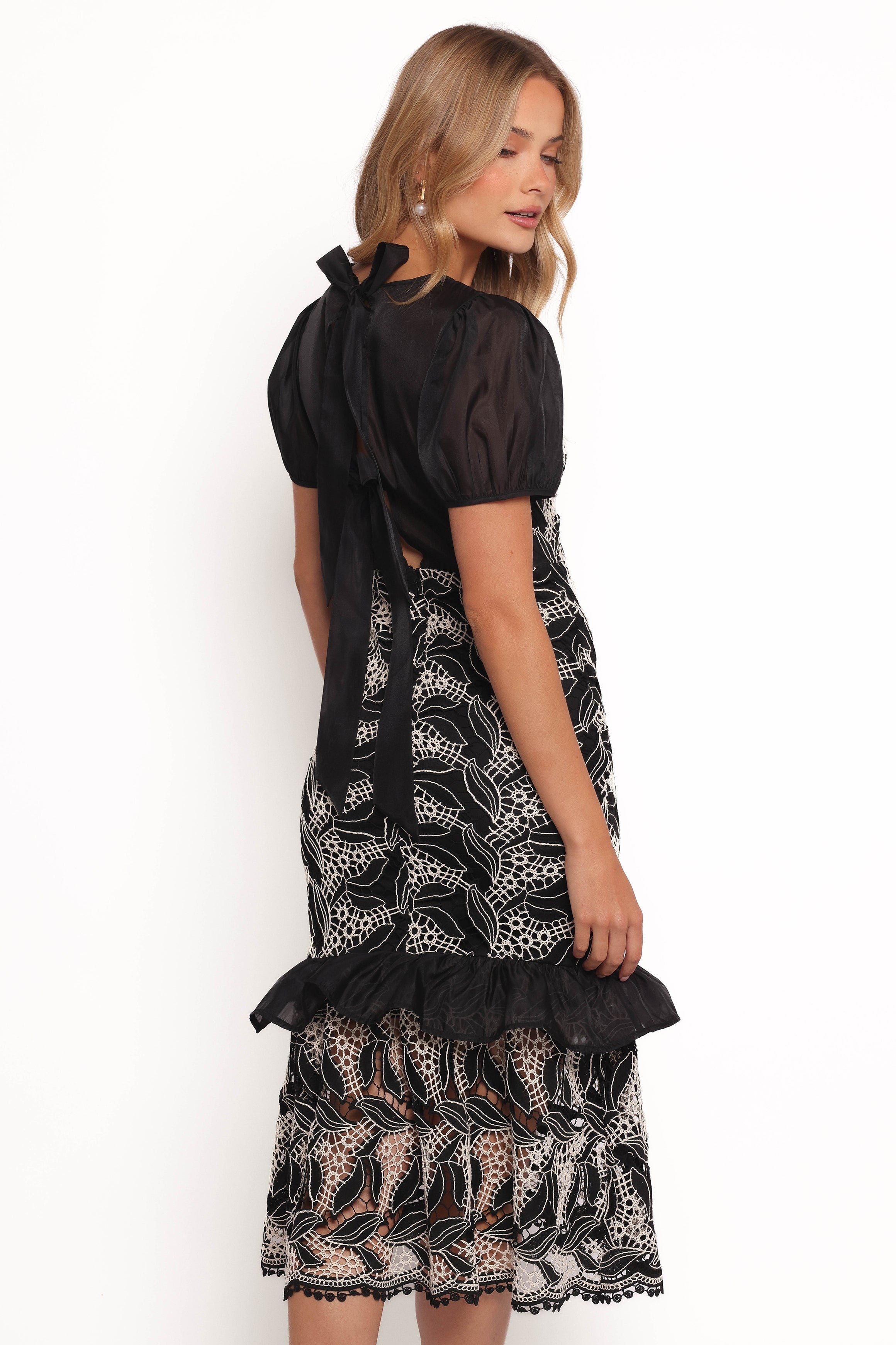 Black Lace Midi Dress with Puff Sleeves - Peyton