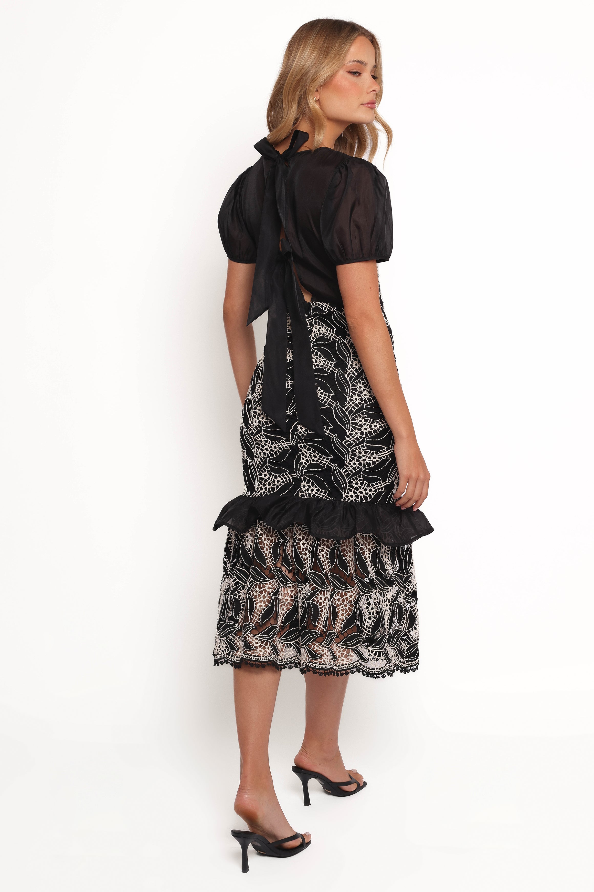 Black Lace Midi Dress with Puff Sleeves - Peyton