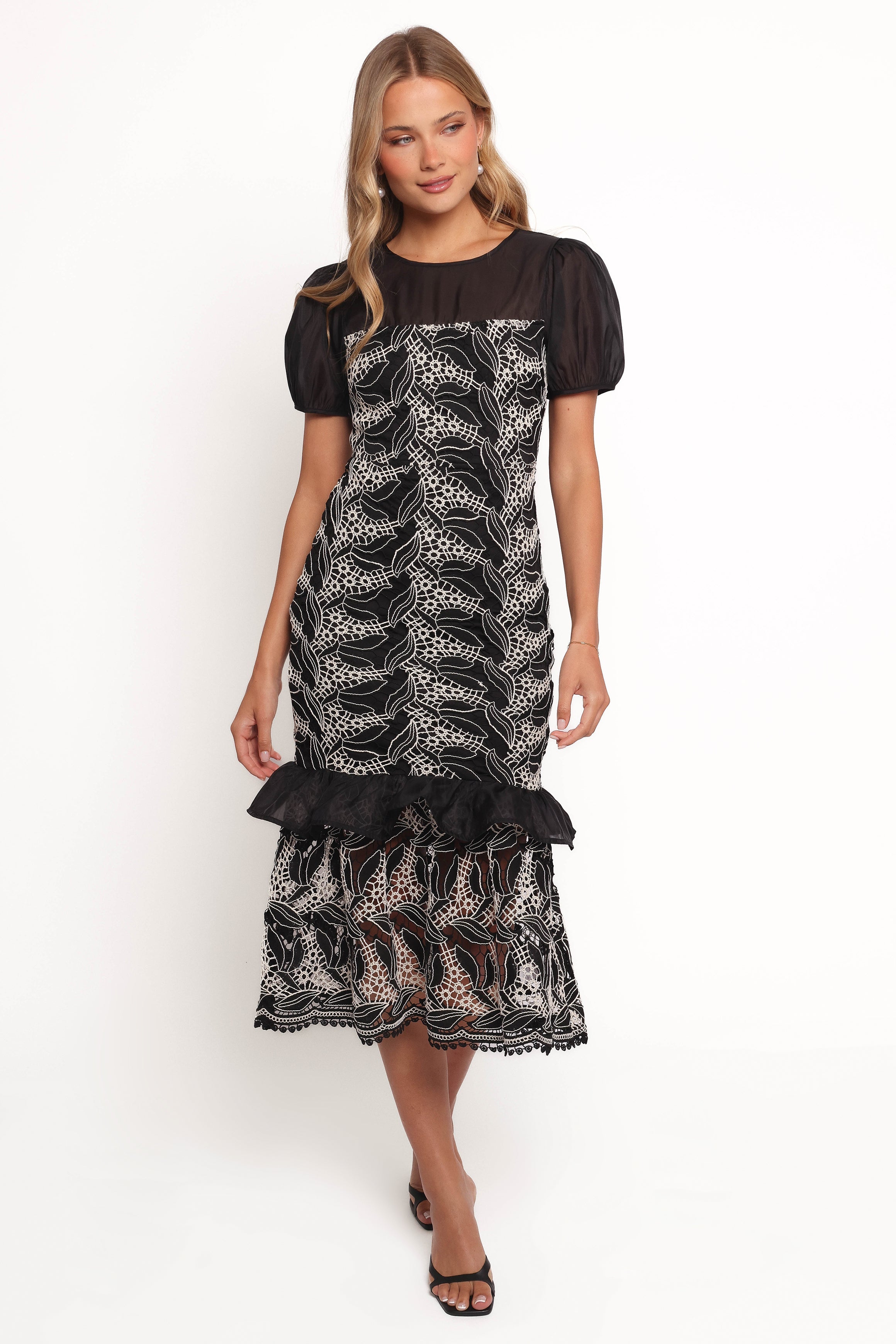 Black Lace Midi Dress with Puff Sleeves - Peyton