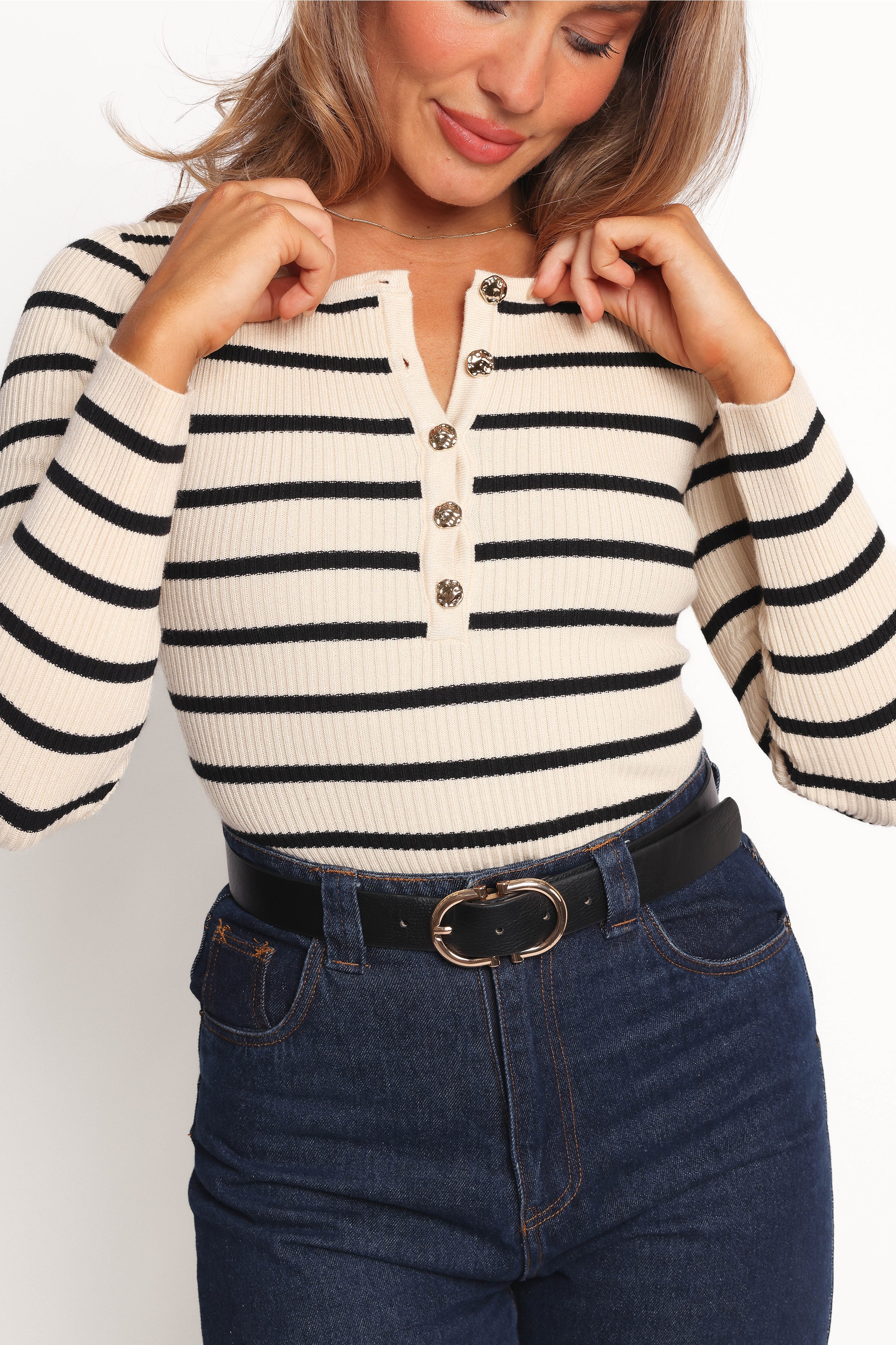 Deni Striped Henley Bodysuit - Ribbed Knit Long Sleeve