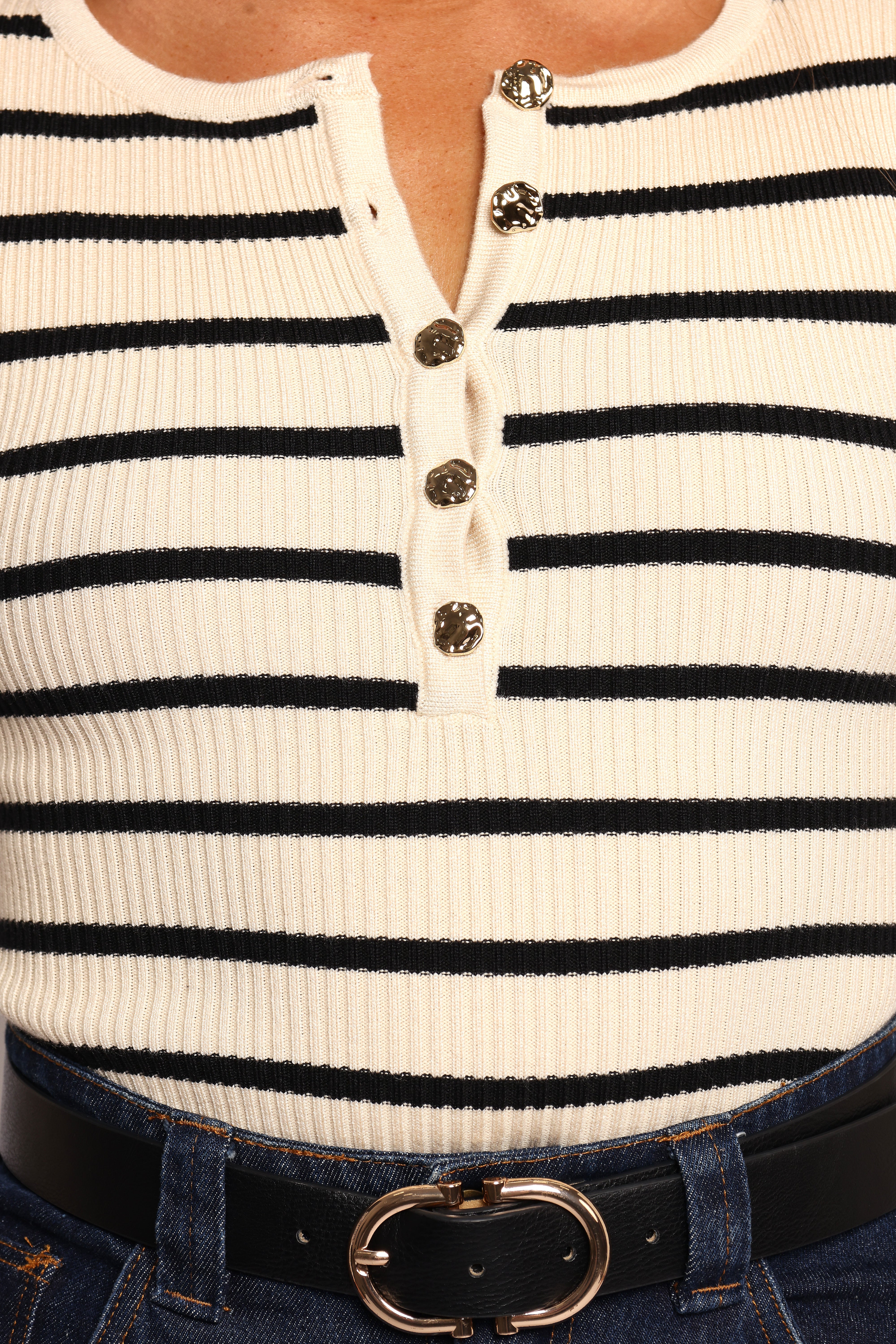 Deni Striped Henley Bodysuit - Ribbed Knit Long Sleeve