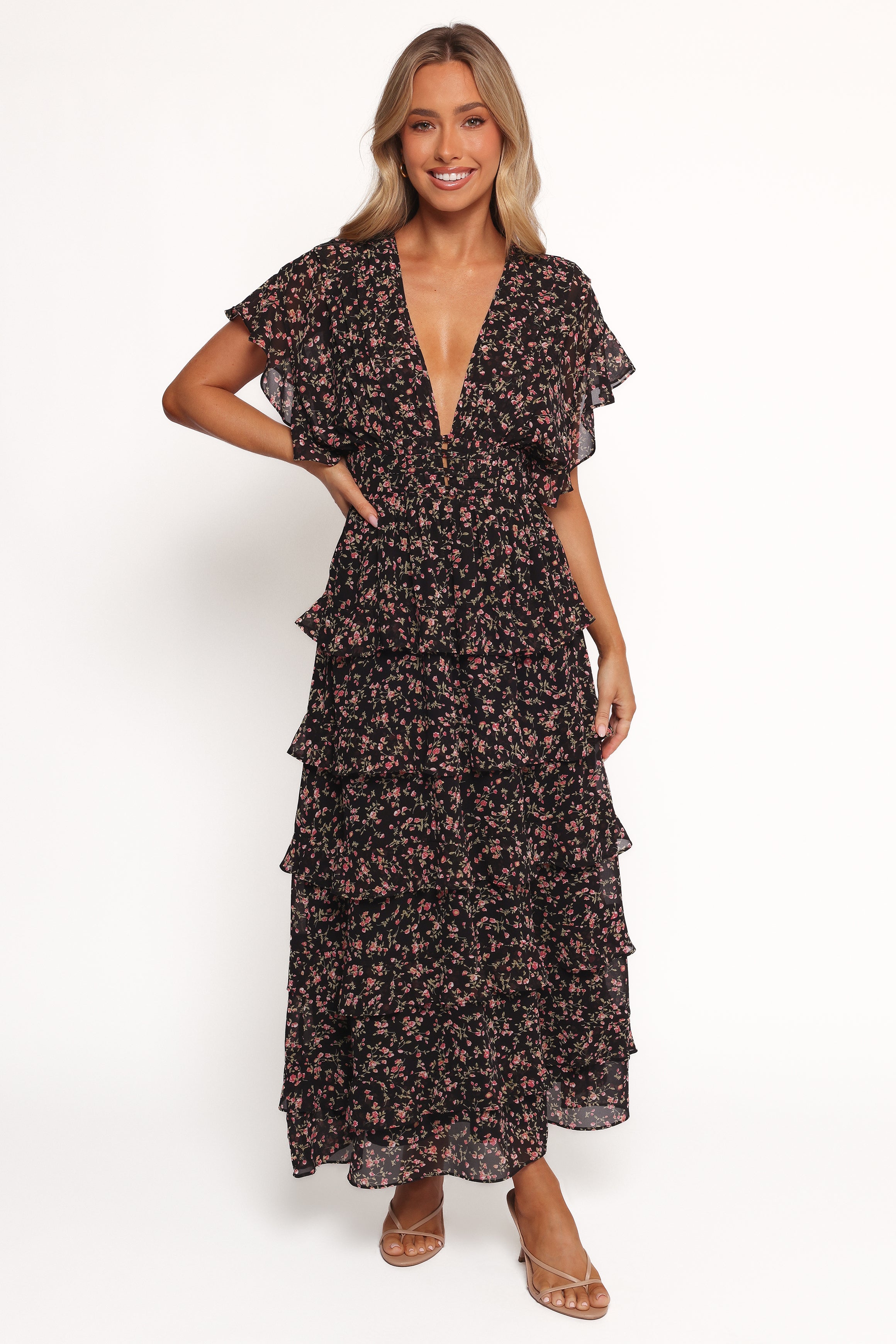Wendi Black Floral Ruffle Maxi Dress with Tiered Skirt
