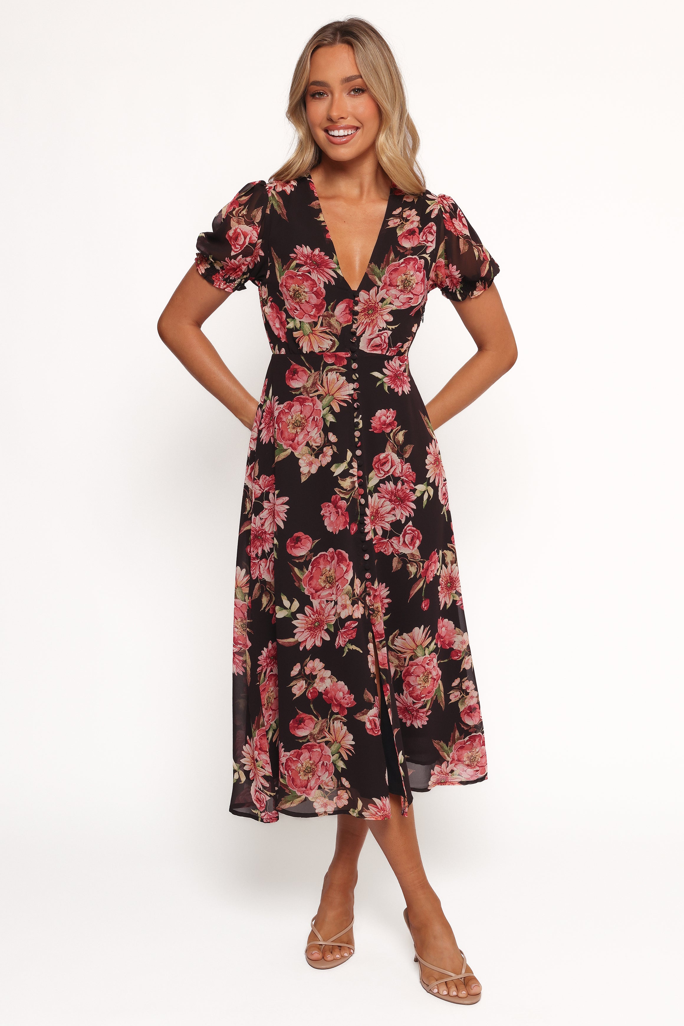 Logen Floral V-Neck Midi Dress with Side Zip - Black Polyester