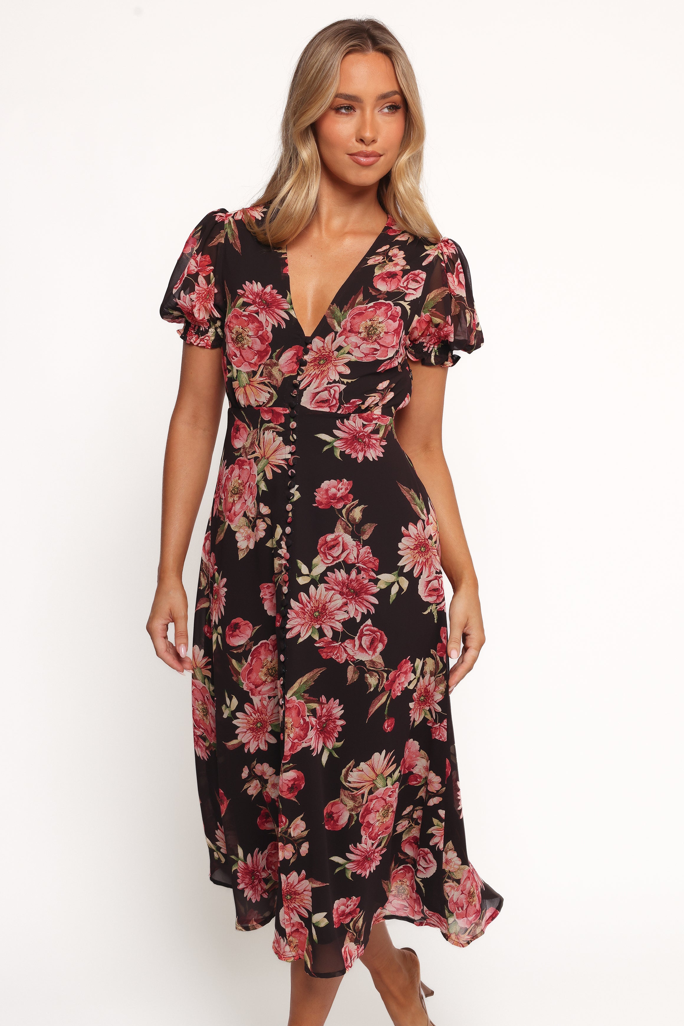 Logen Floral V-Neck Midi Dress with Side Zip - Black Polyester