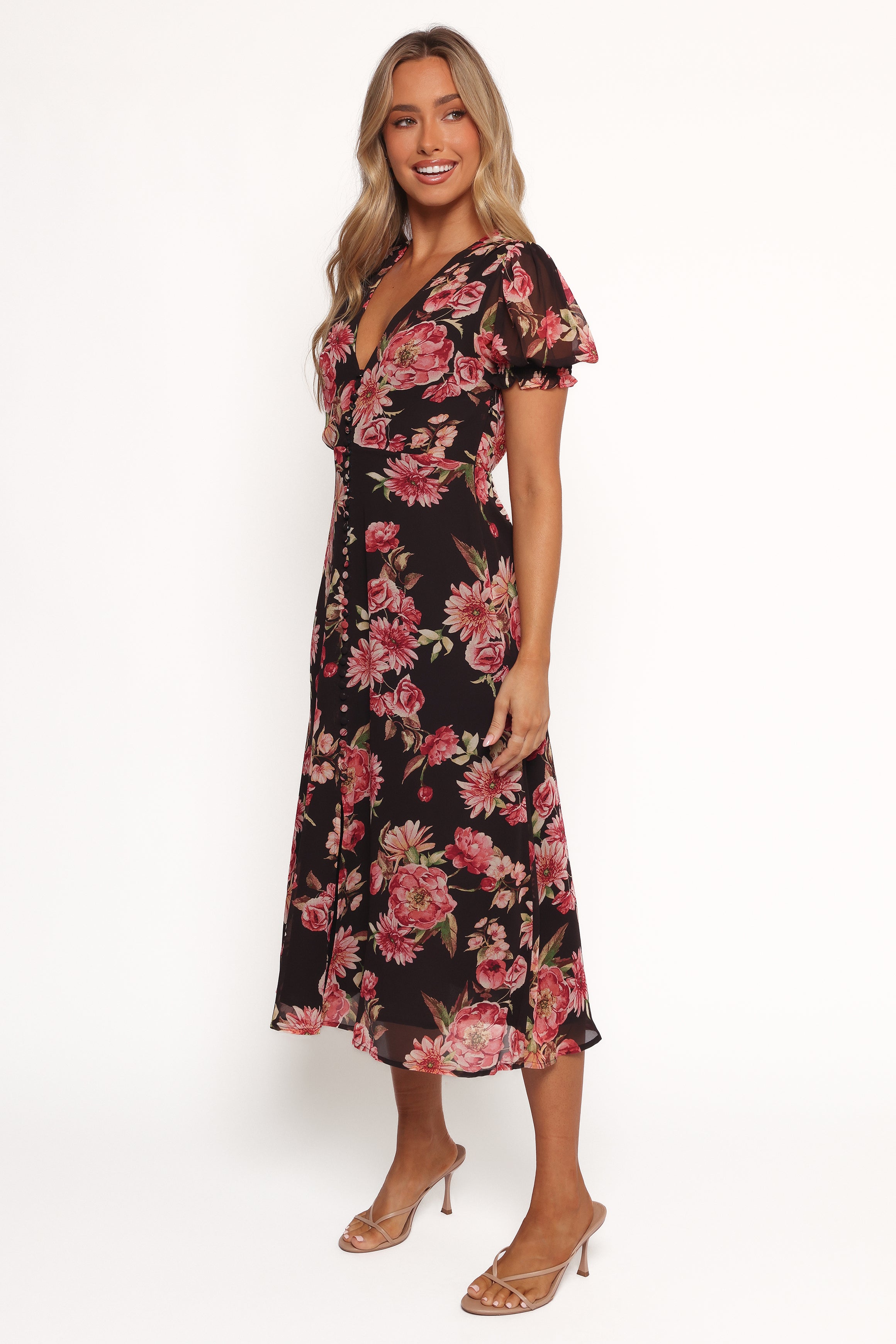 Logen Floral V-Neck Midi Dress with Side Zip - Black Polyester