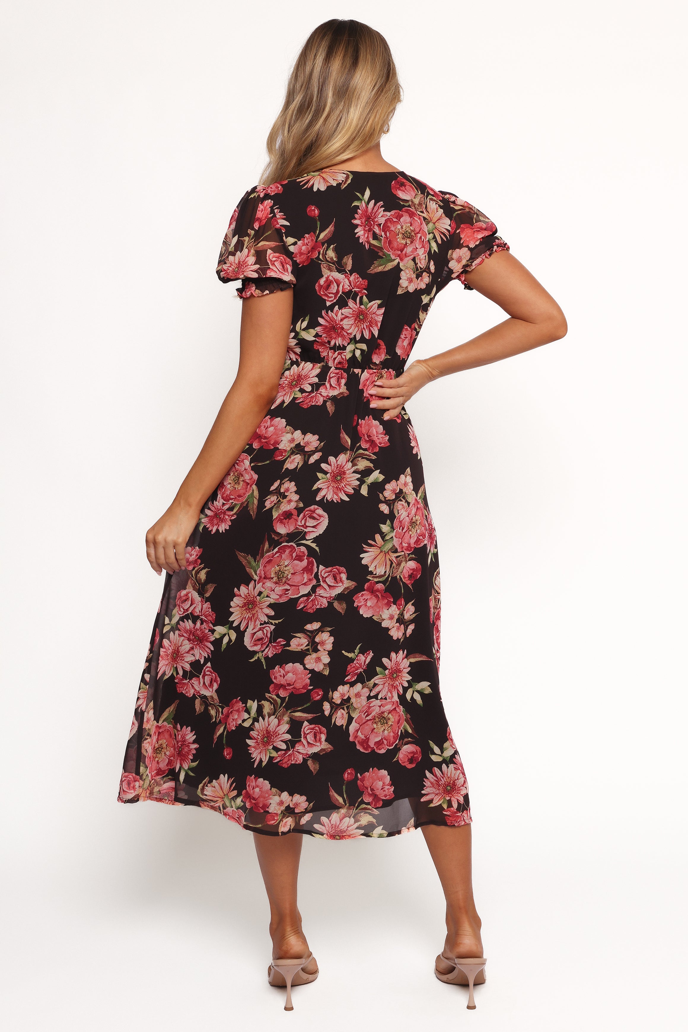 Logen Floral V-Neck Midi Dress with Side Zip - Black Polyester