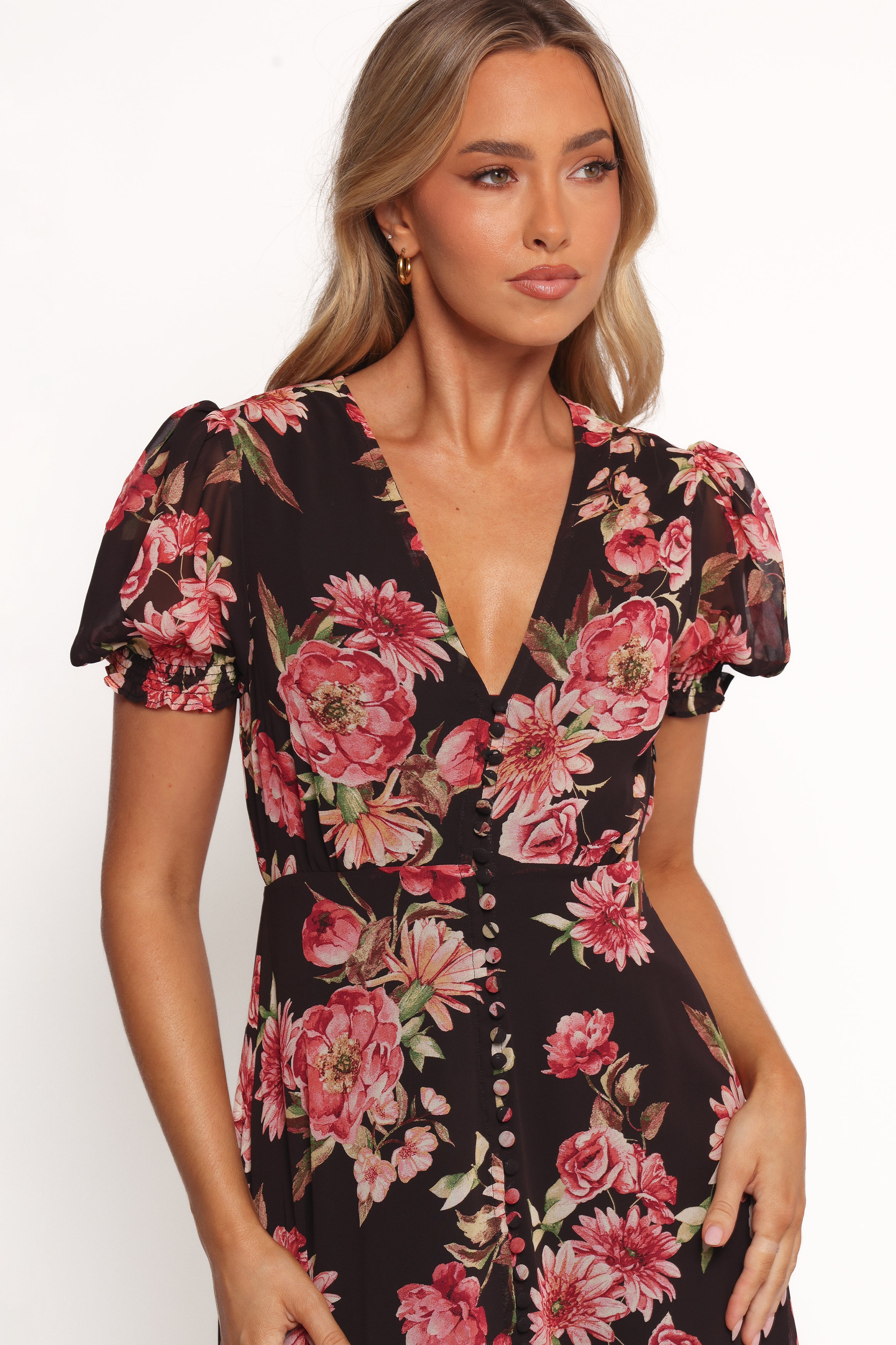 Logen Floral V-Neck Midi Dress with Side Zip - Black Polyester