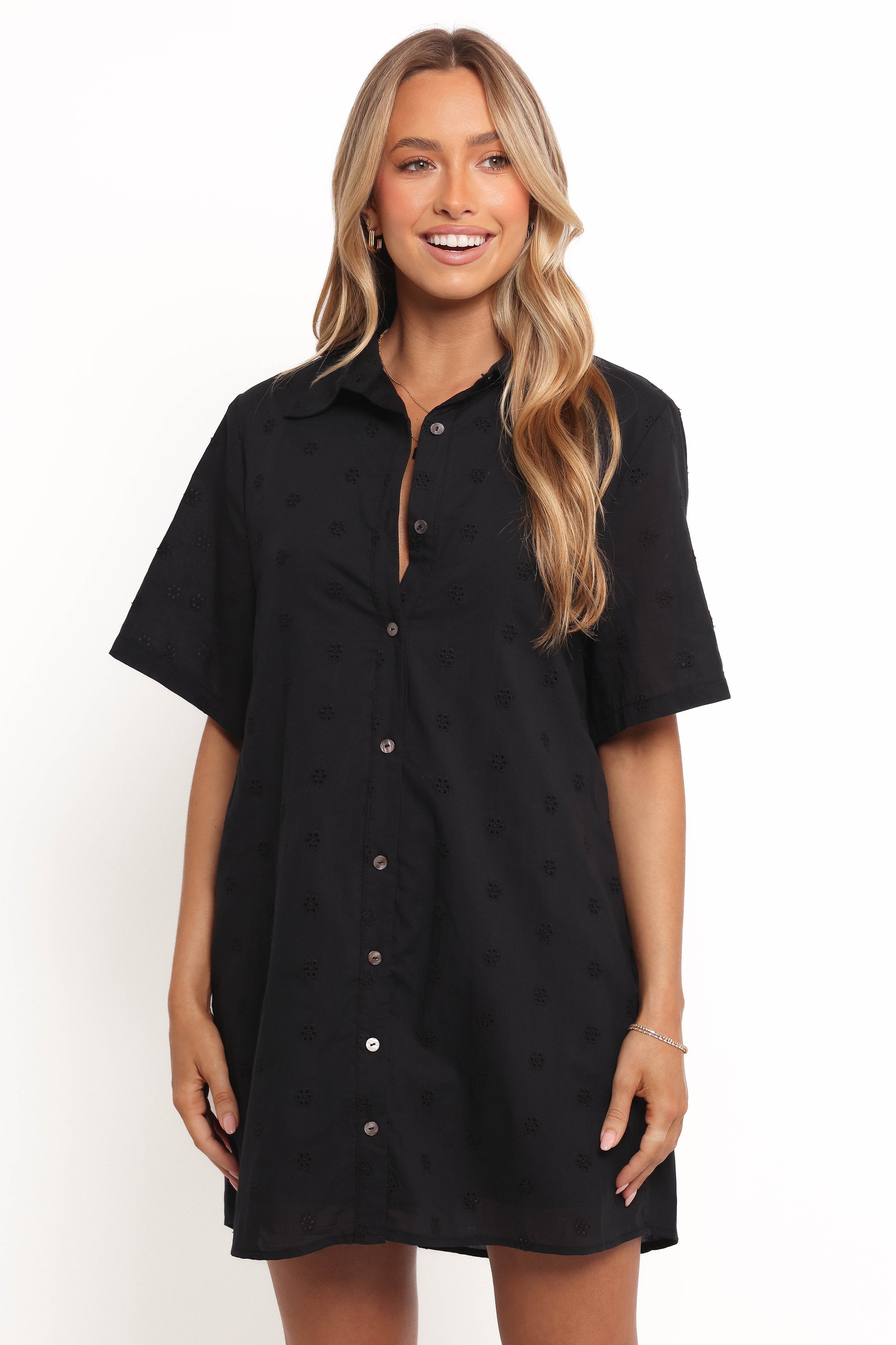 Black Mini Shirt Dress with V Neck & Collar - Grady Cotton Dress