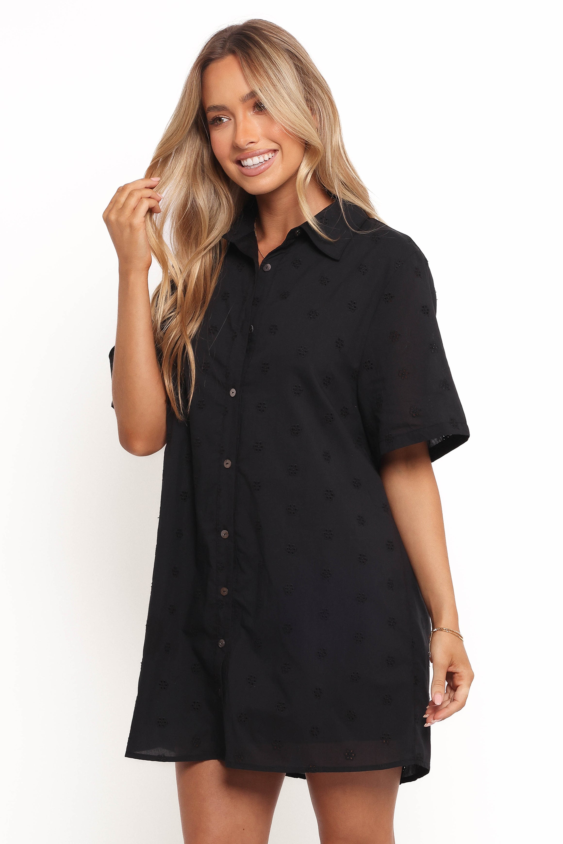 Black Mini Shirt Dress with V Neck & Collar - Grady Cotton Dress