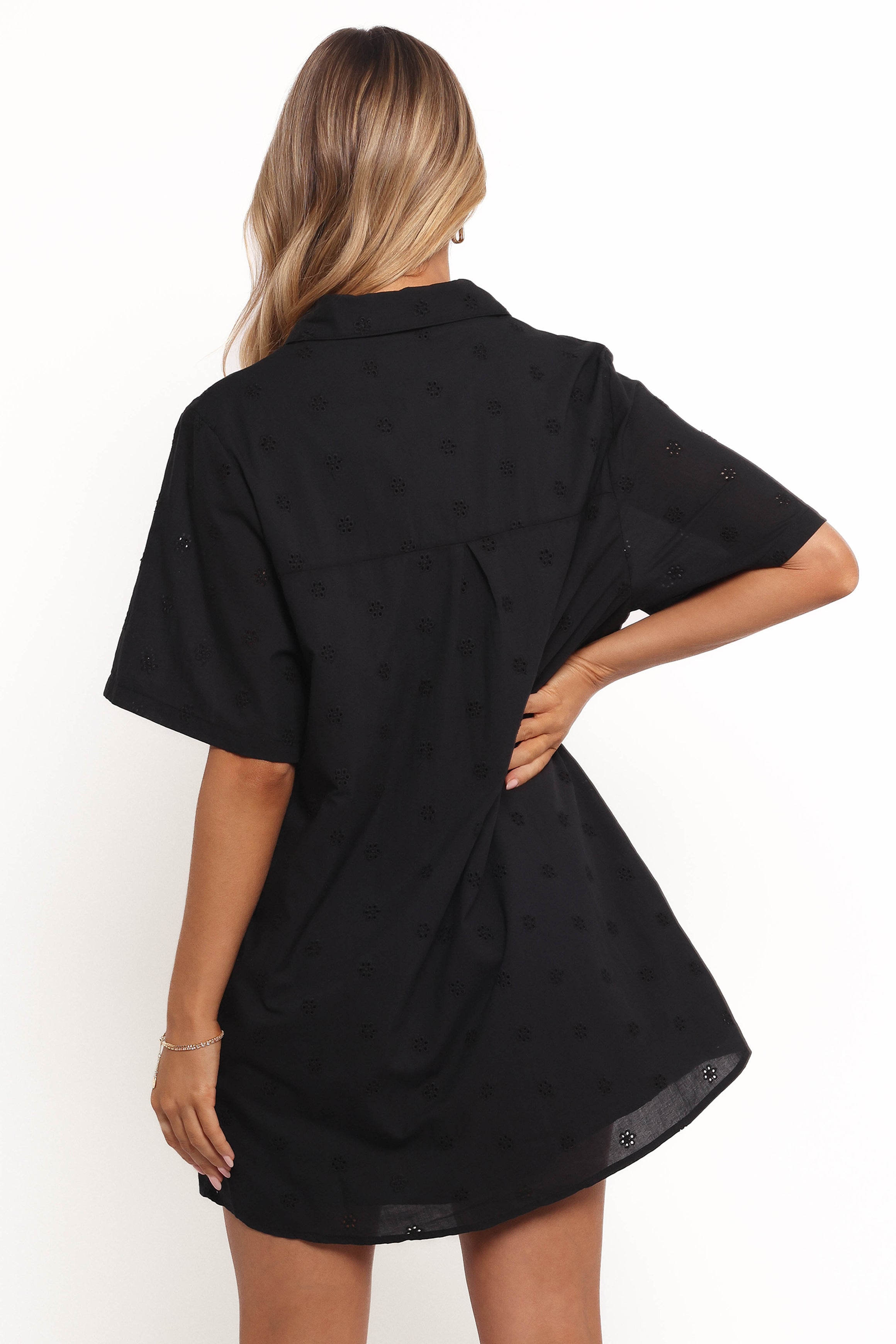 Black Mini Shirt Dress with V Neck & Collar - Grady Cotton Dress