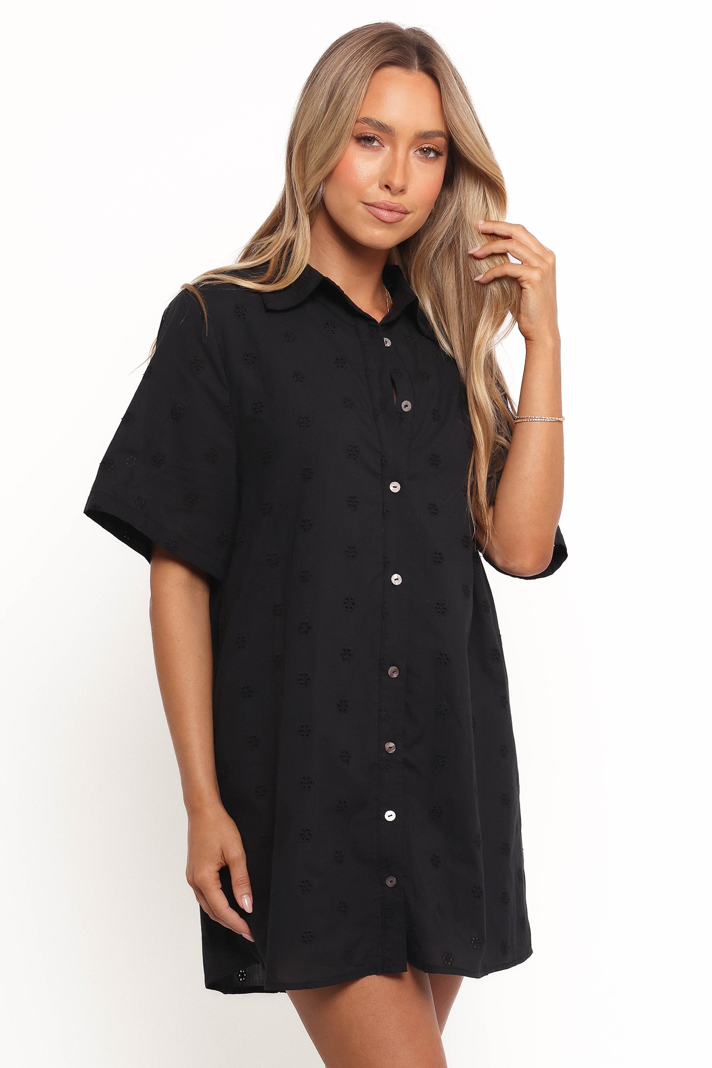 Black Mini Shirt Dress with V Neck & Collar - Grady Cotton Dress
