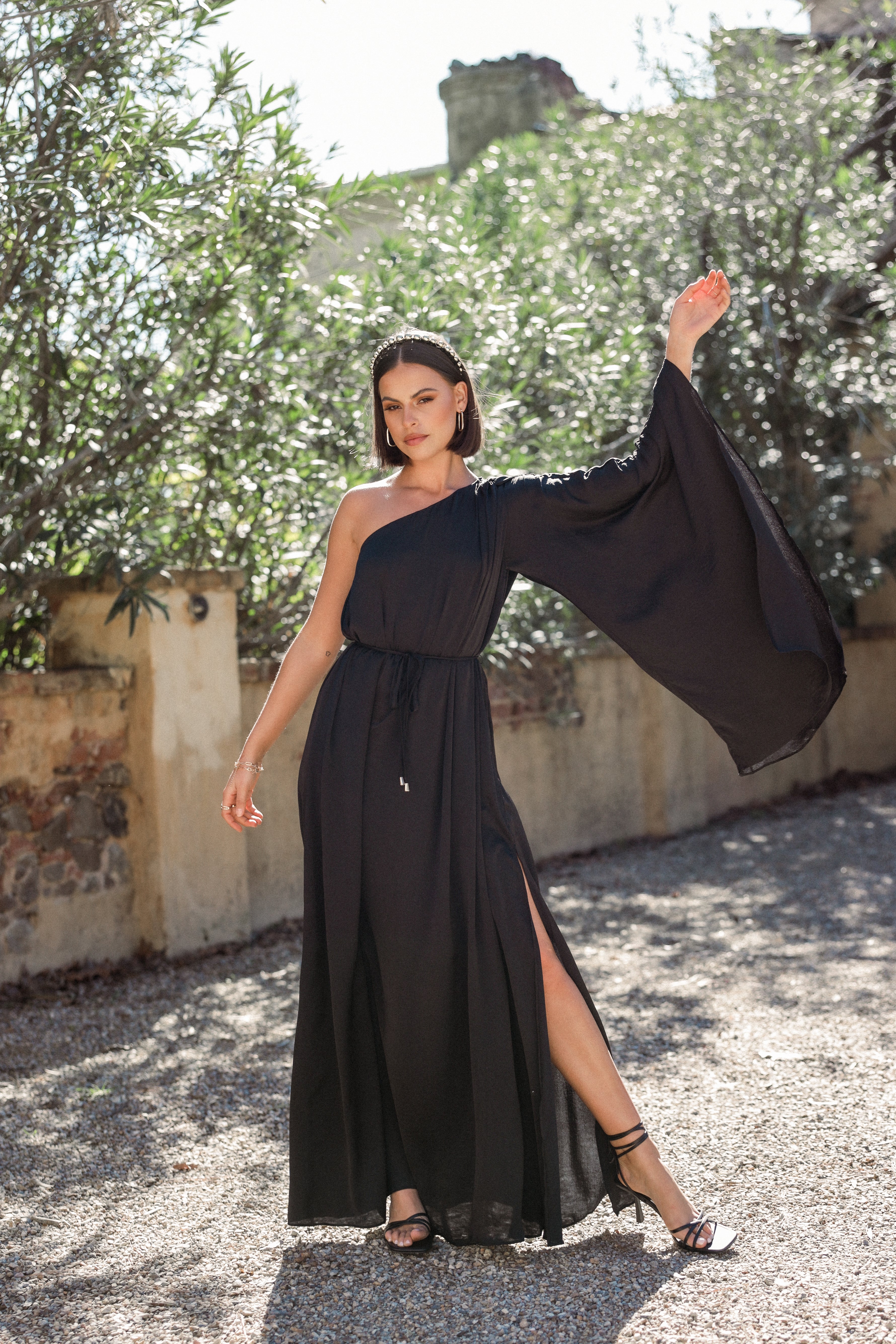 Matilda Black One Shoulder Maxi Dress with Detachable Waist Tie