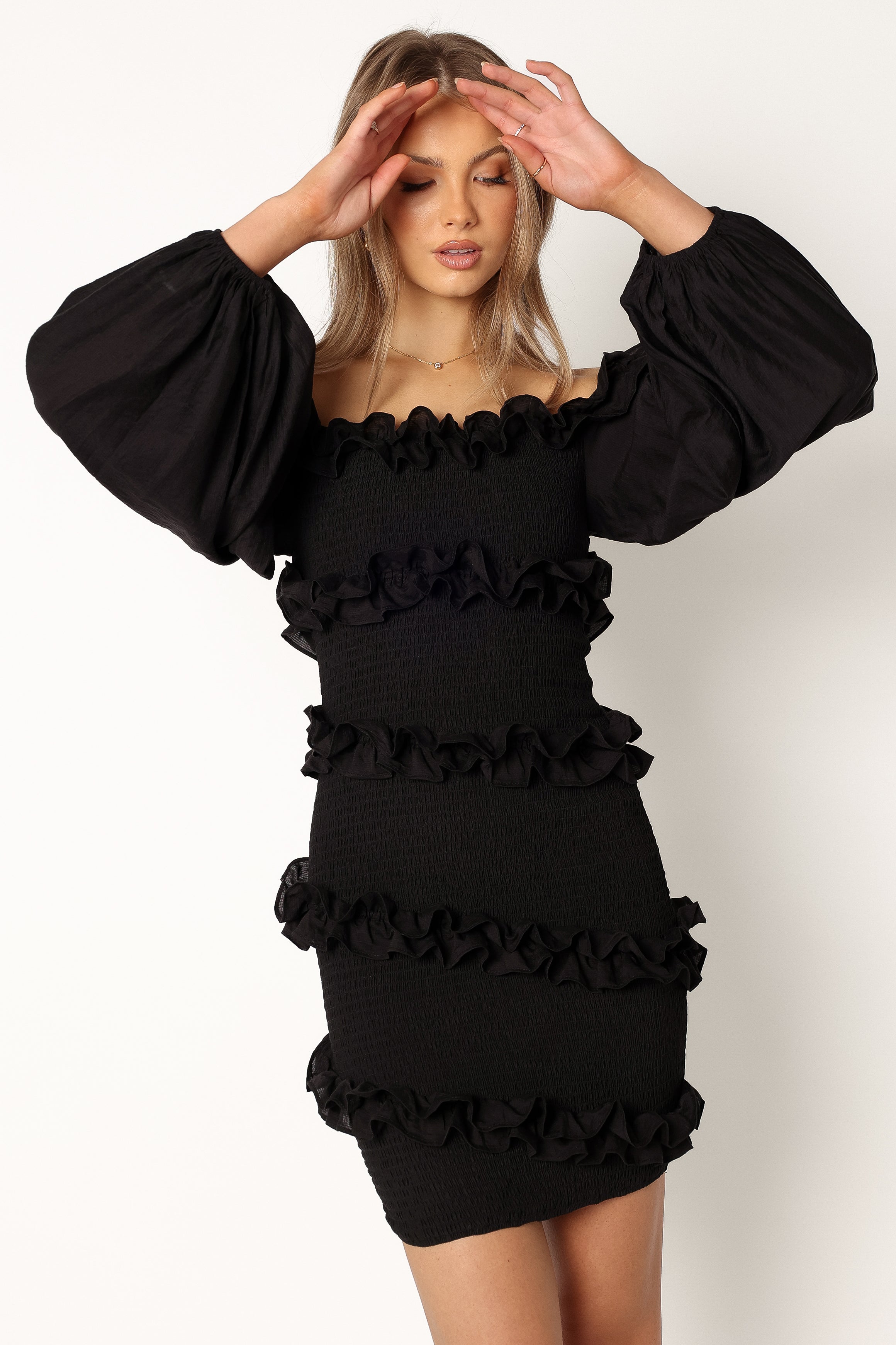 Black Off Shoulder Mini Dress with Ruffles - Reba
