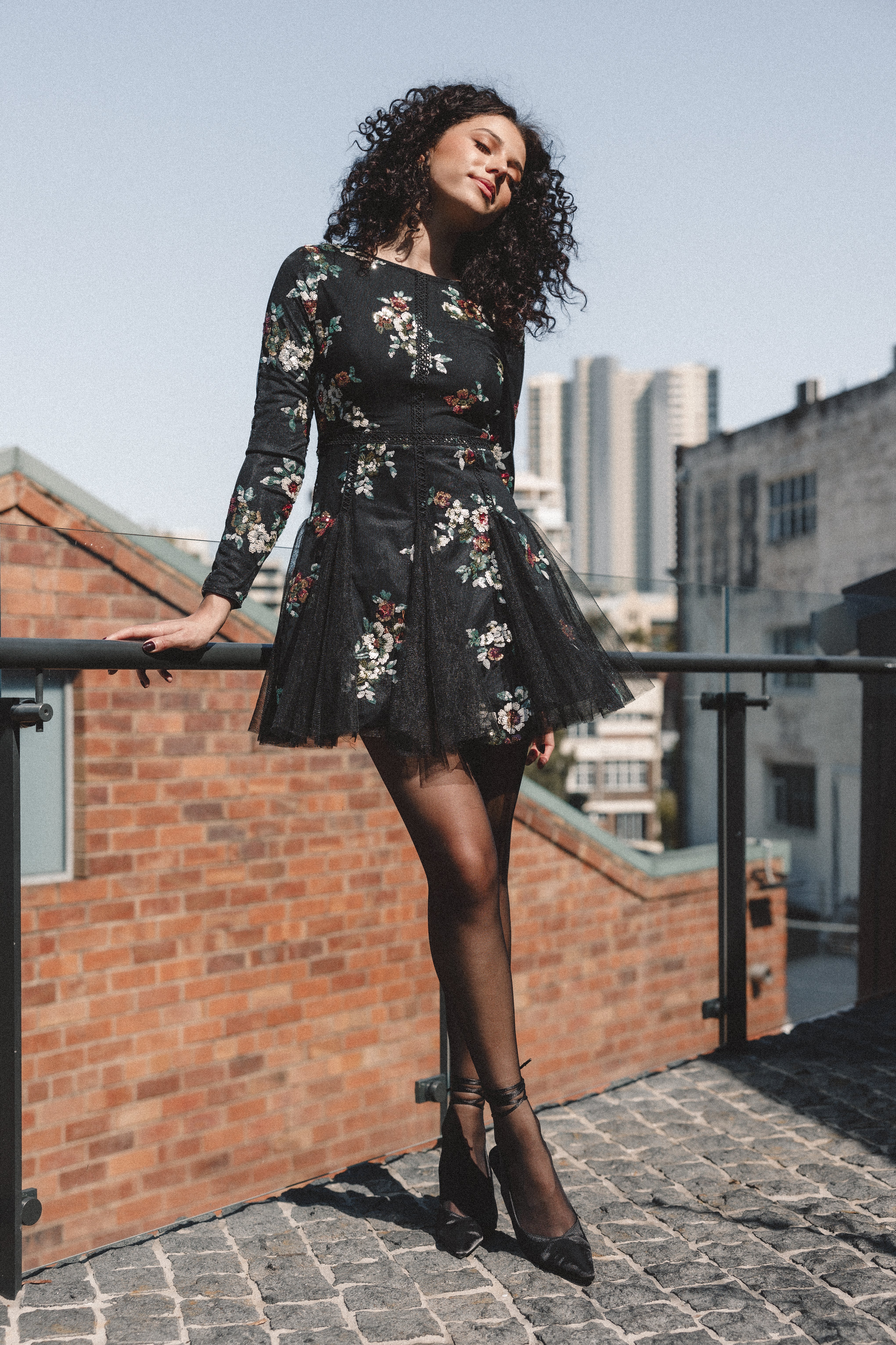 Floral Sequin Mini Dress with Long Sleeves - Woodsen Black Dress