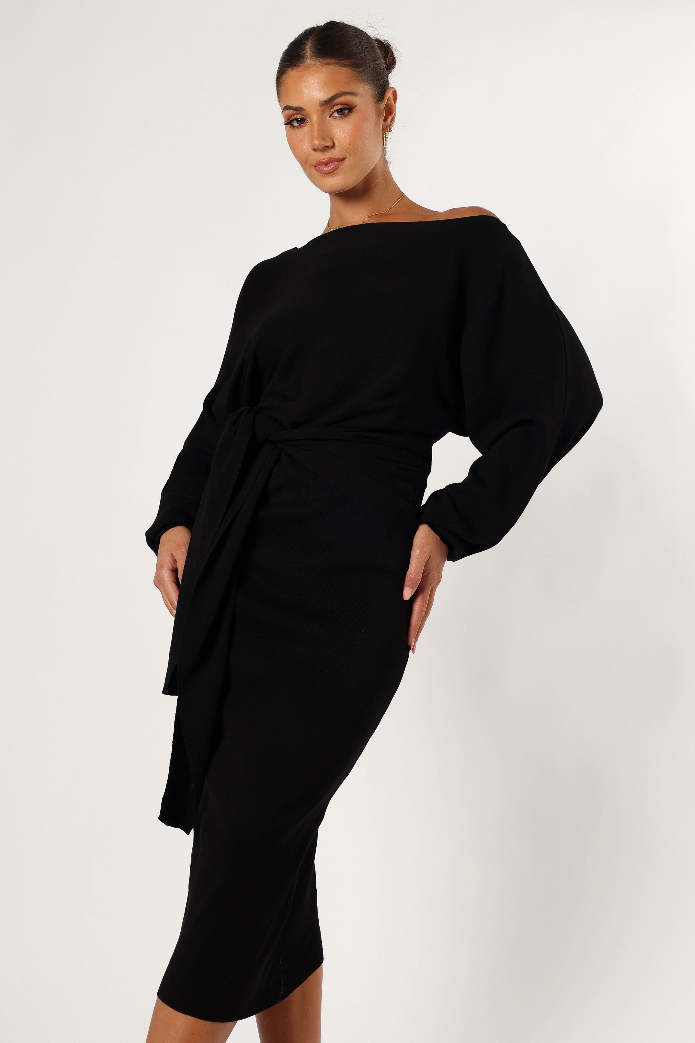 Prancer Black Off Shoulder Midi Dress with Waist Tie - Ribbed Knit